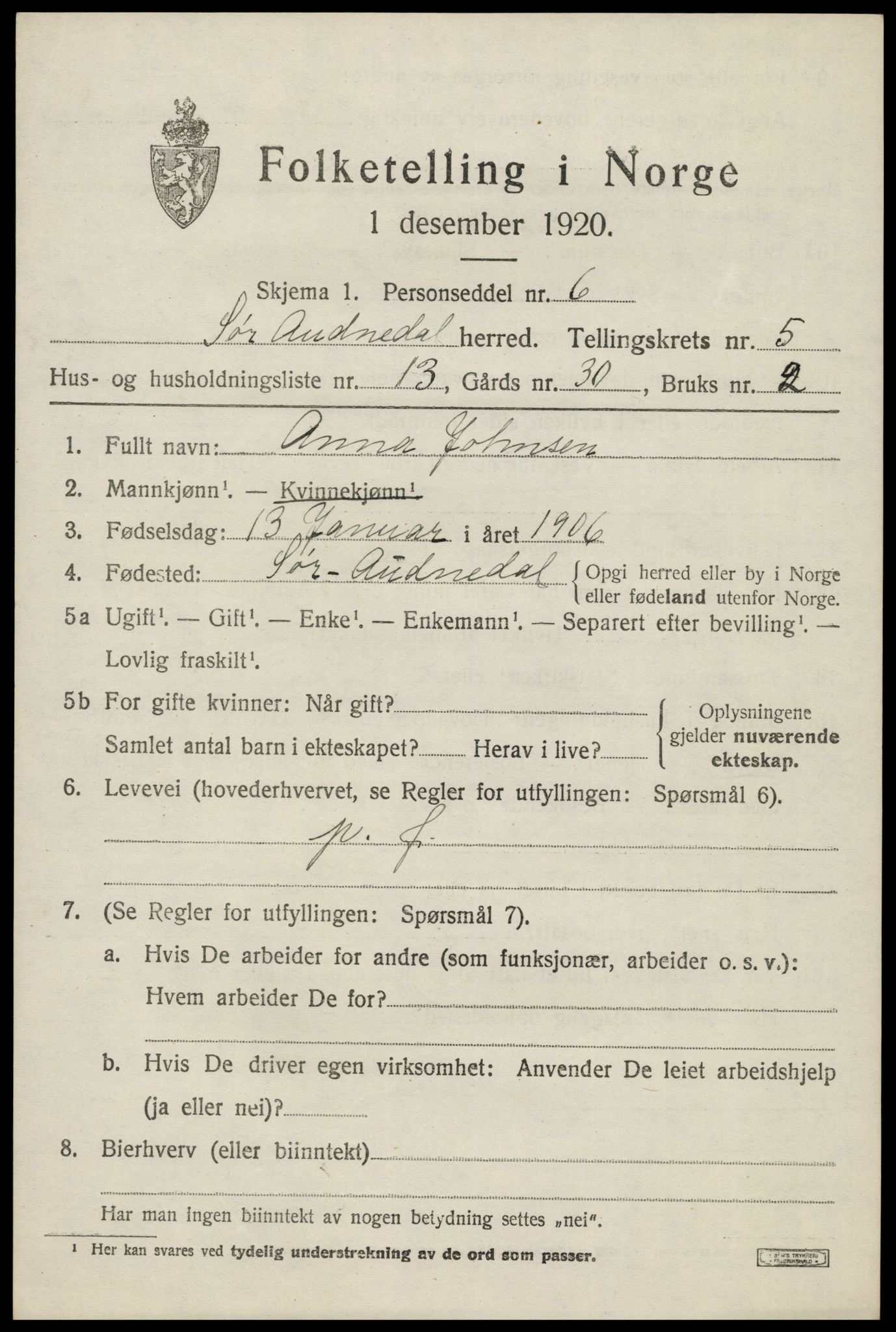 SAK, 1920 census for Sør-Audnedal, 1920, p. 2641