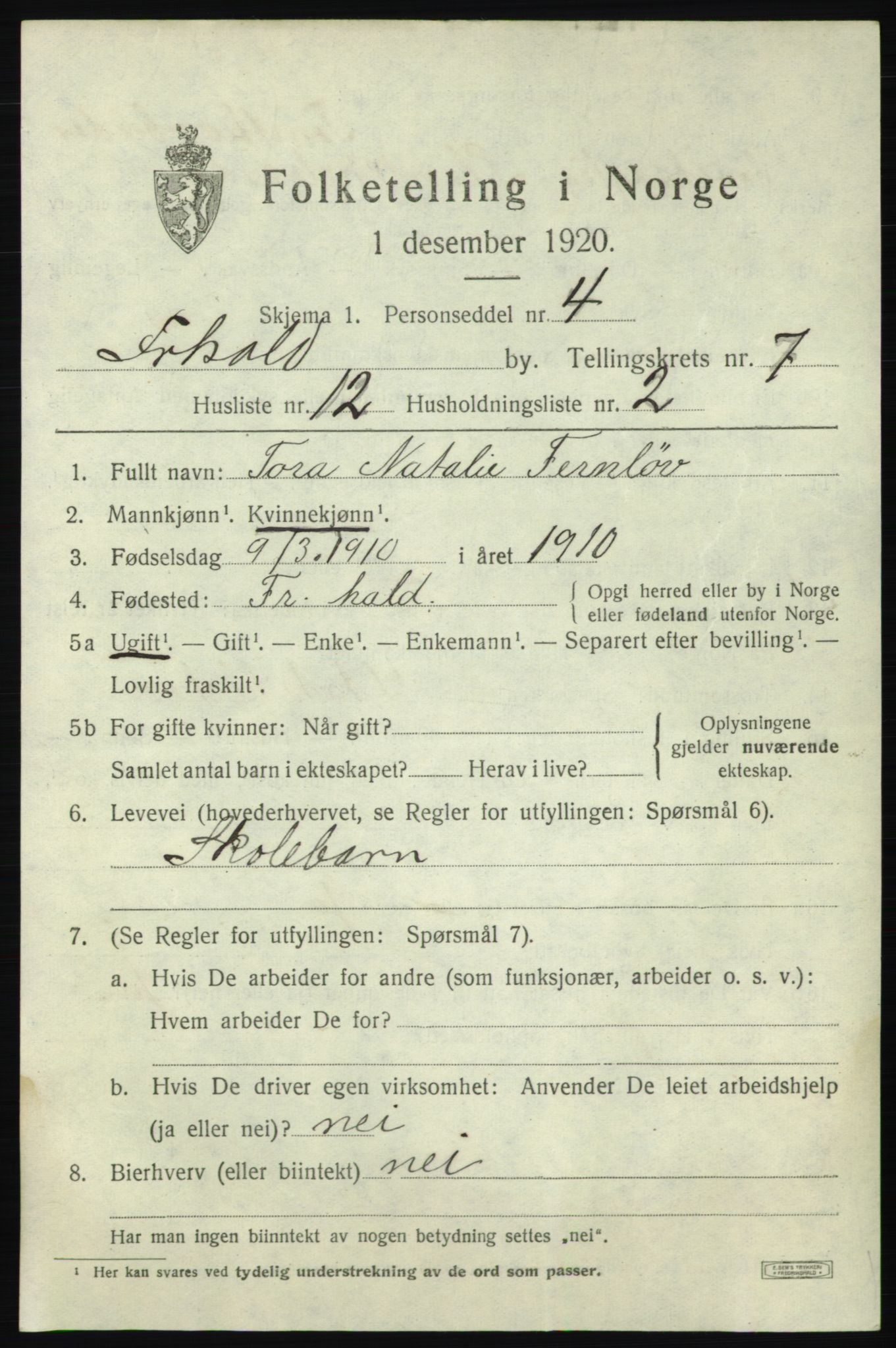 SAO, 1920 census for Fredrikshald, 1920, p. 14042