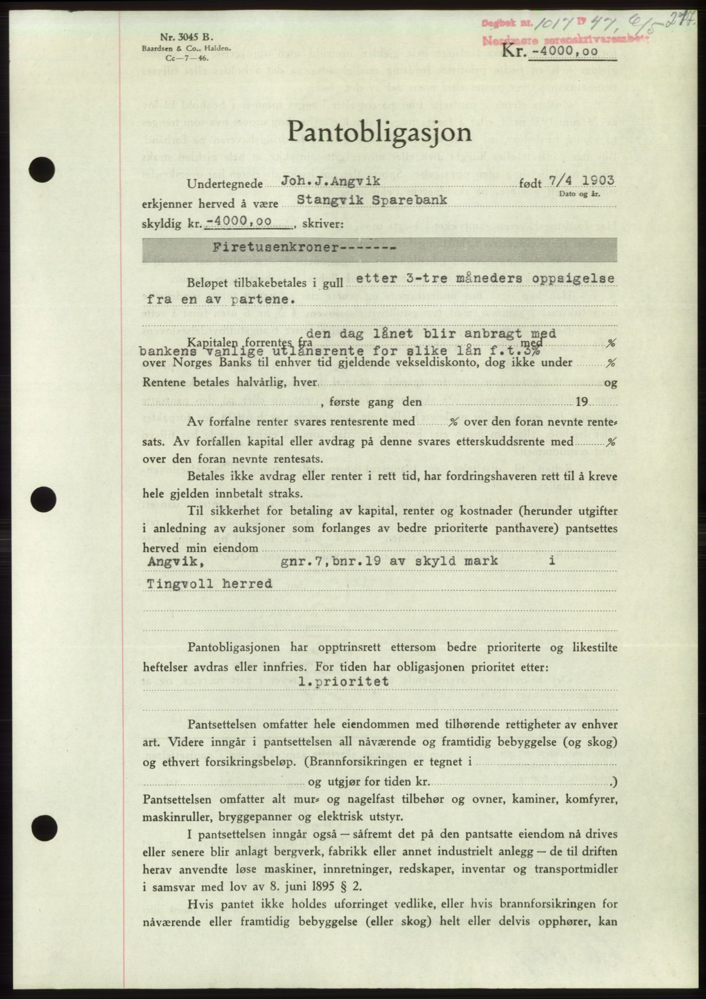 Nordmøre sorenskriveri, AV/SAT-A-4132/1/2/2Ca: Mortgage book no. B96, 1947-1947, Diary no: : 1017/1947