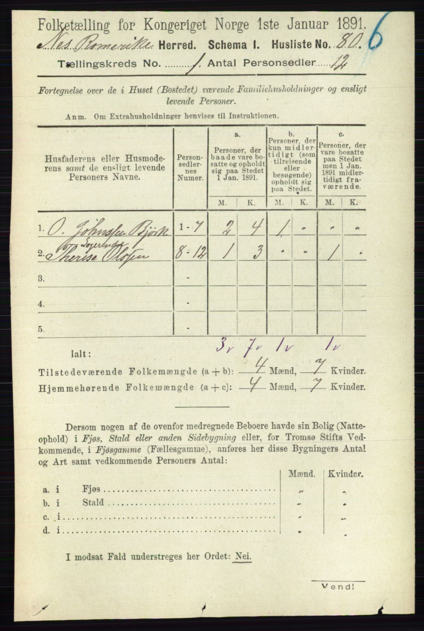 RA, 1891 census for 0236 Nes, 1891, p. 124