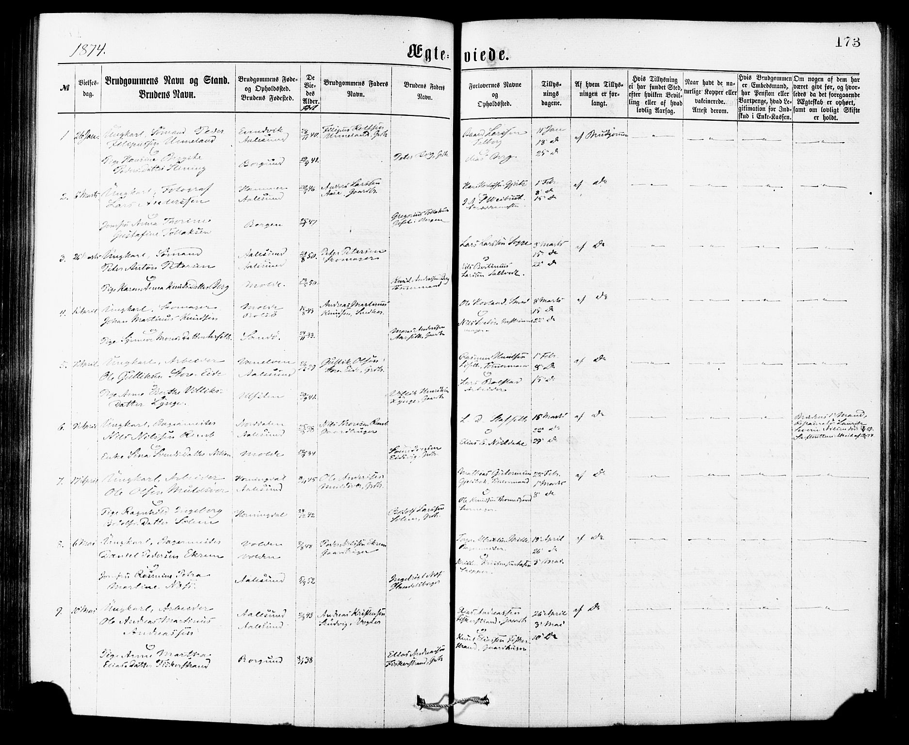 Ministerialprotokoller, klokkerbøker og fødselsregistre - Møre og Romsdal, SAT/A-1454/529/L0453: Parish register (official) no. 529A03, 1872-1877, p. 173
