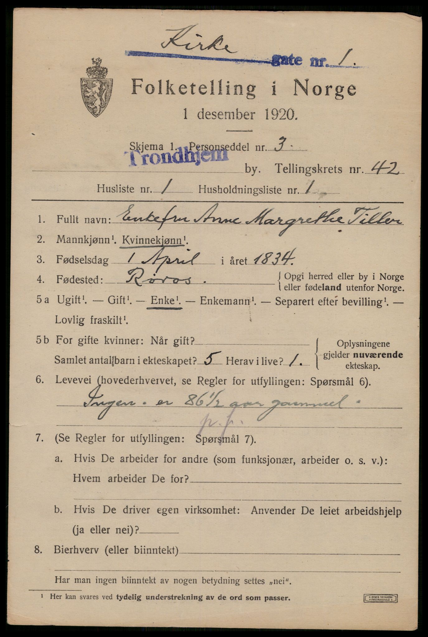 SAT, 1920 census for Trondheim, 1920, p. 92076