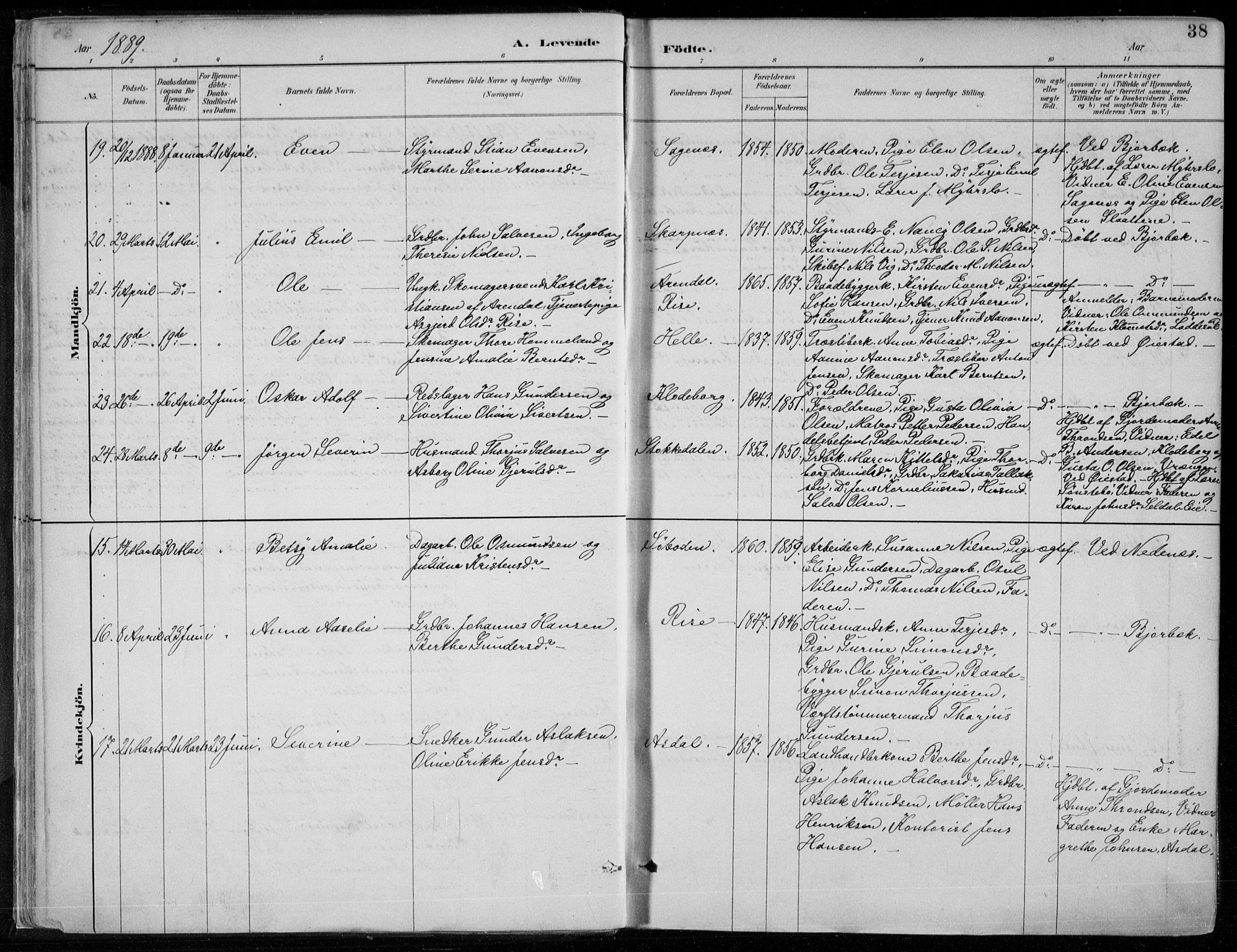 Øyestad sokneprestkontor, AV/SAK-1111-0049/F/Fa/L0017: Parish register (official) no. A 17, 1887-1896, p. 38