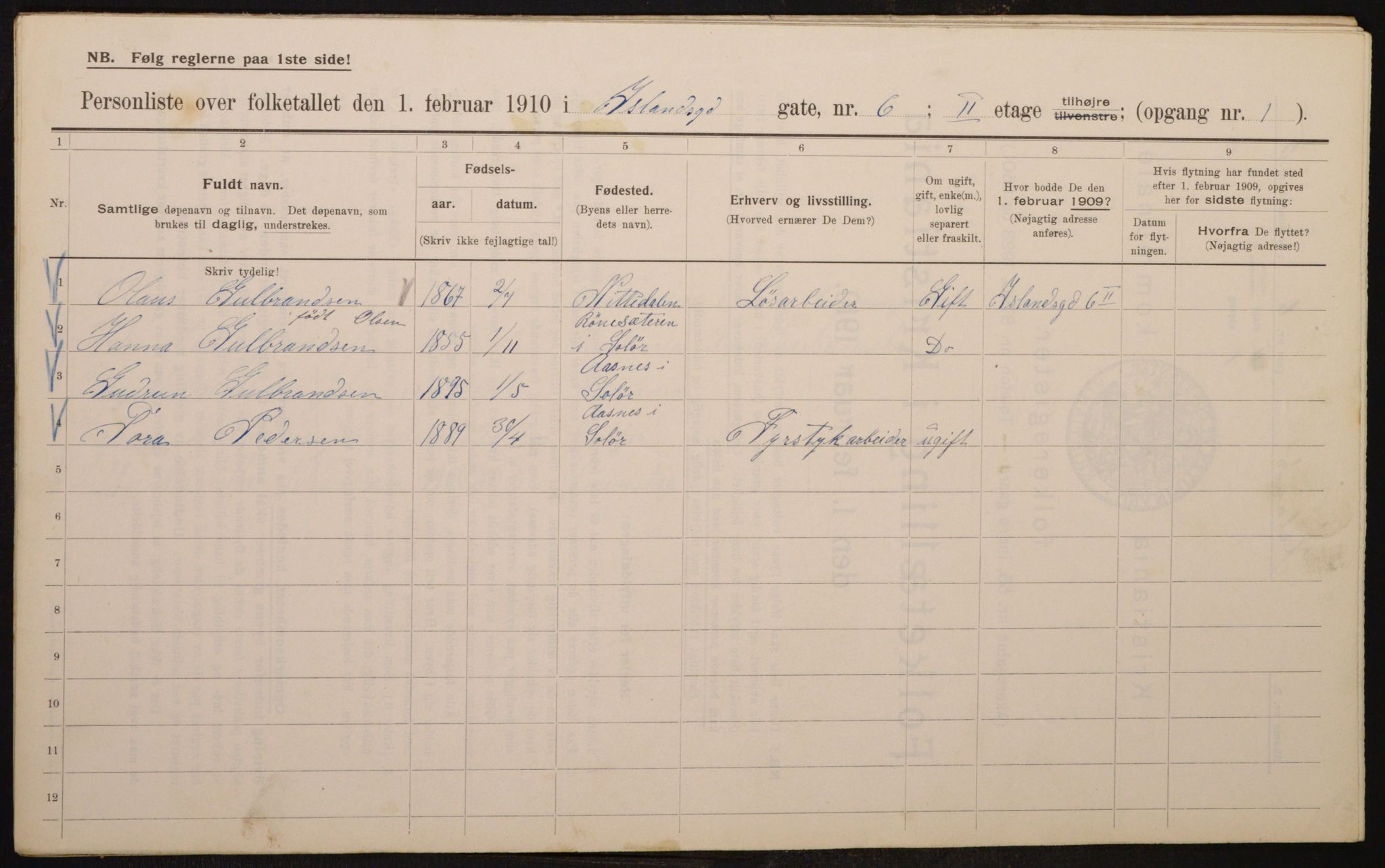 OBA, Municipal Census 1910 for Kristiania, 1910, p. 43420