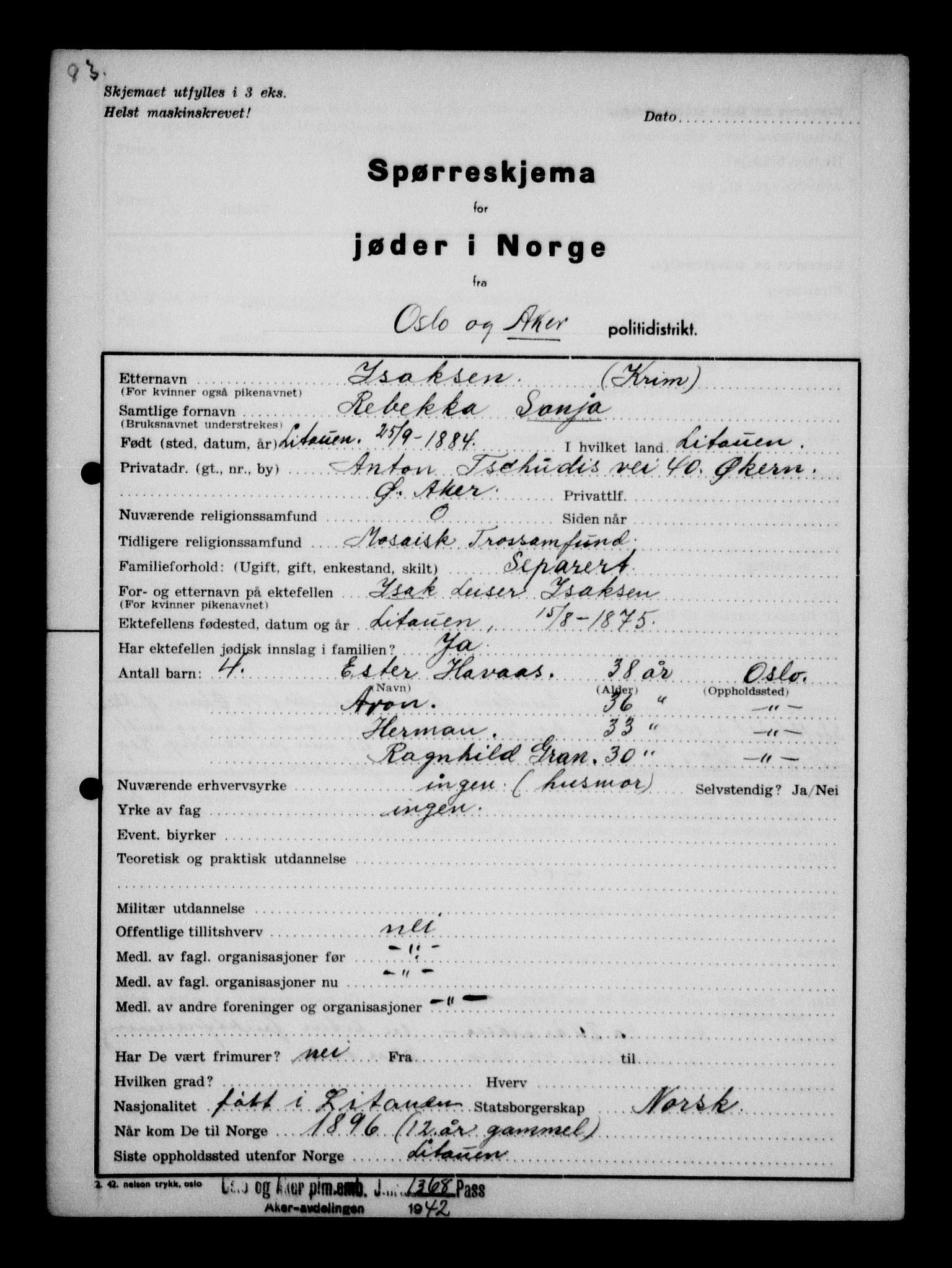 Statspolitiet - Hovedkontoret / Osloavdelingen, AV/RA-S-1329/G/Ga/L0011: Spørreskjema for jøder i Norge. 1: Oslo 610-806 (Plavnik-Zwillinger). 2: Aker 1-113 (Adler-Lewin). , 1942, p. 833