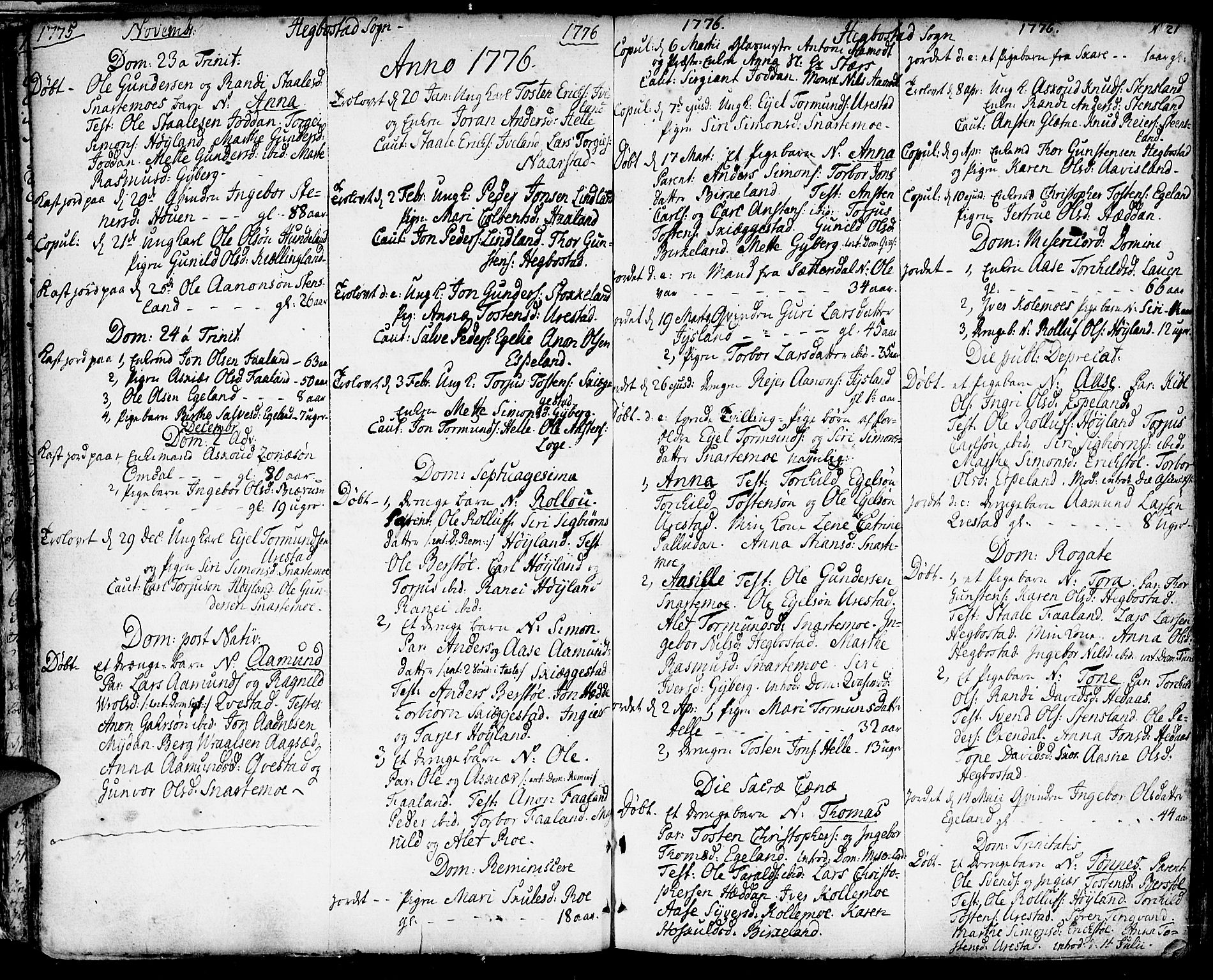 Hægebostad sokneprestkontor, AV/SAK-1111-0024/F/Fa/Faa/L0001: Parish register (official) no. A 1 /1, 1760-1820, p. 21