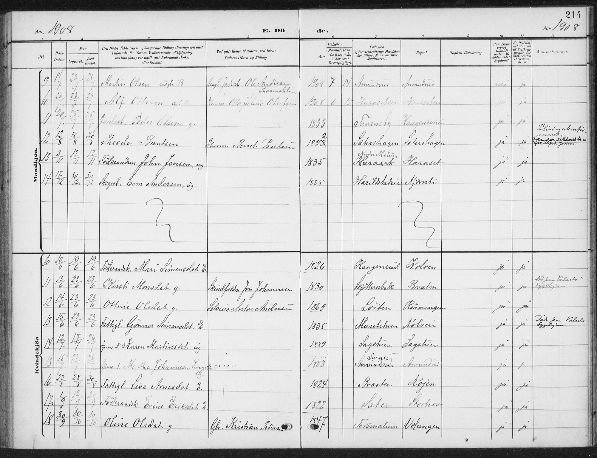 Romedal prestekontor, SAH/PREST-004/K/L0009: Parish register (official) no. 9, 1906-1929, p. 214