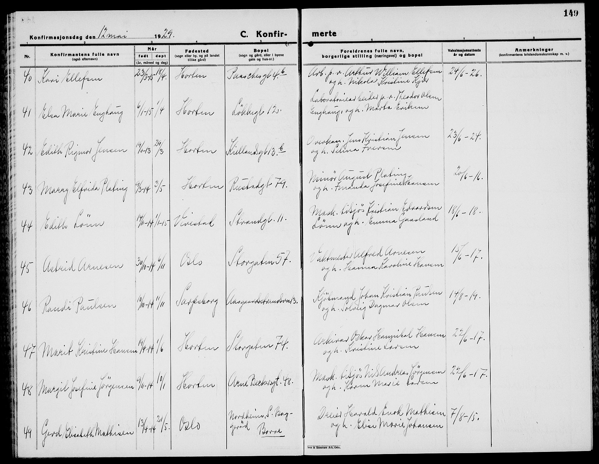 Horten kirkebøker, AV/SAKO-A-348/G/Ga/L0009: Parish register (copy) no. 9, 1926-1936, p. 149