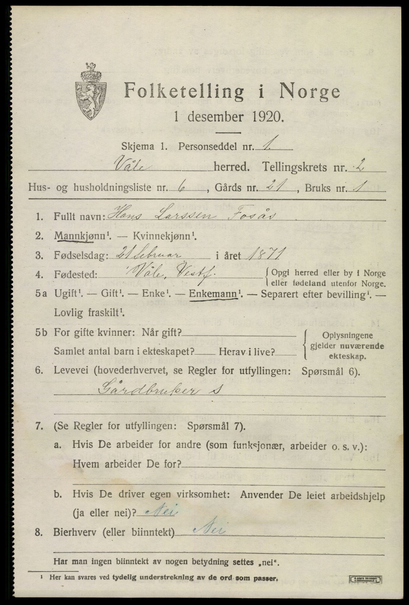 SAKO, 1920 census for Våle, 1920, p. 1958