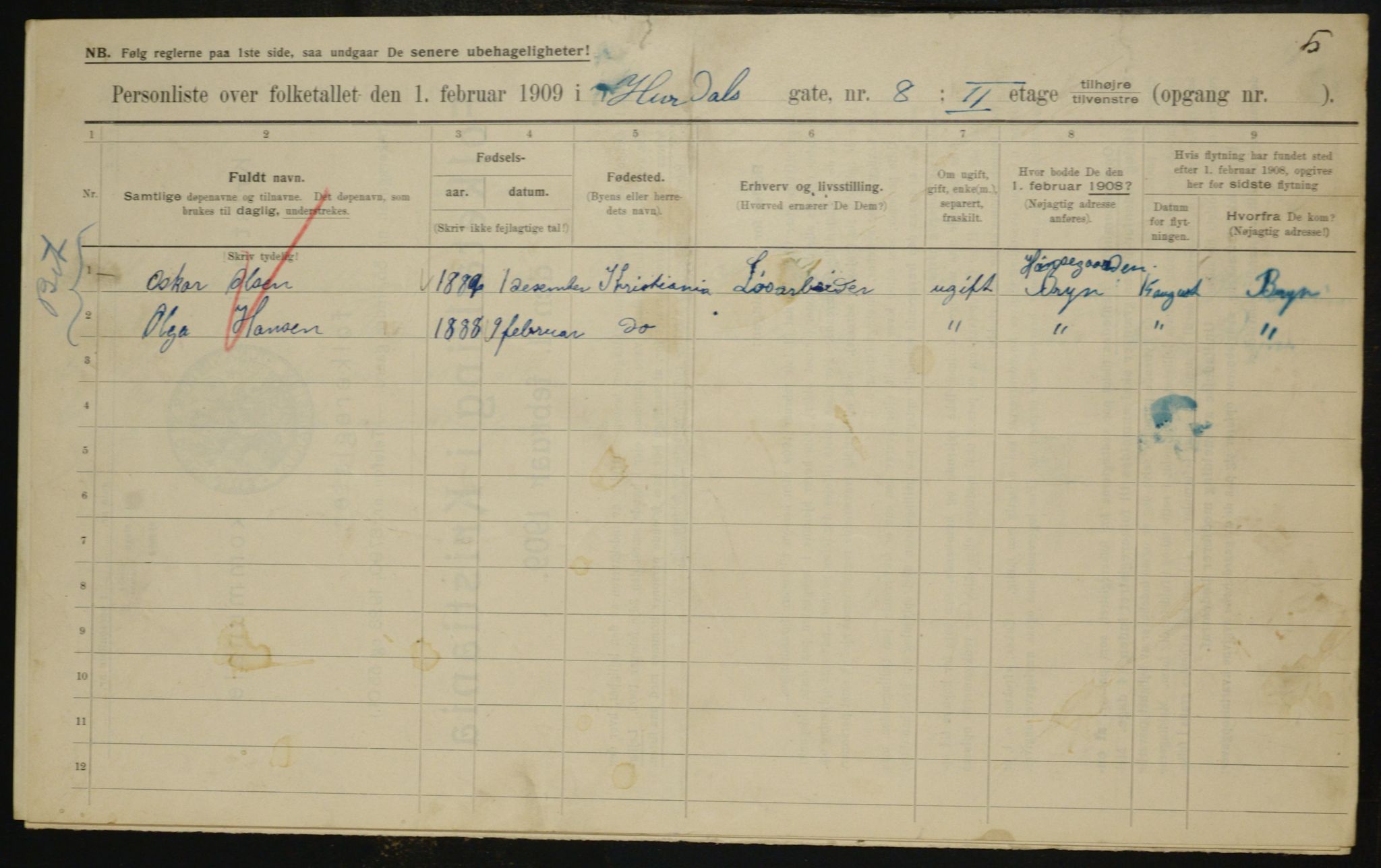 OBA, Municipal Census 1909 for Kristiania, 1909, p. 38411