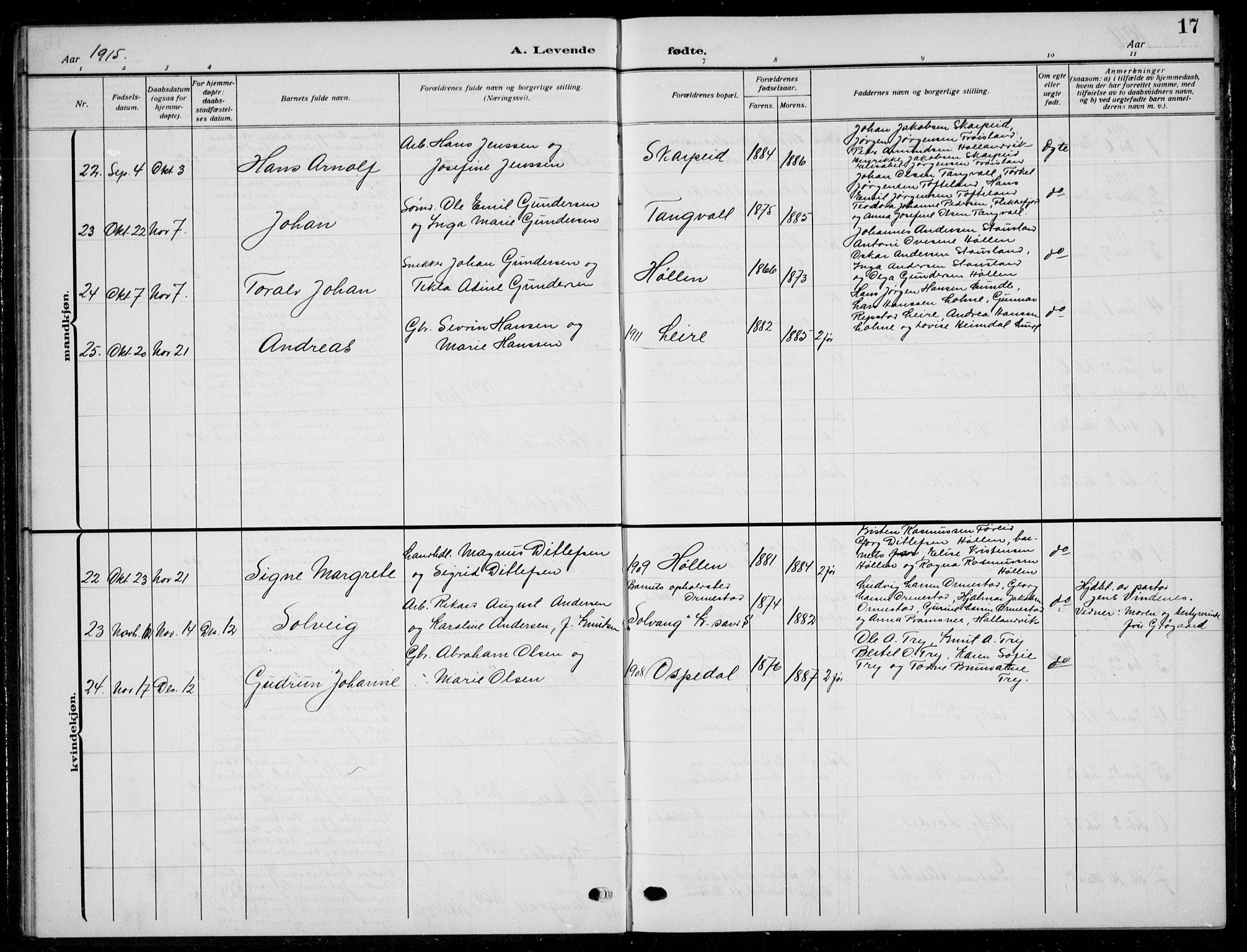 Søgne sokneprestkontor, SAK/1111-0037/F/Fb/Fbb/L0007: Parish register (copy) no. B 7, 1912-1931, p. 17