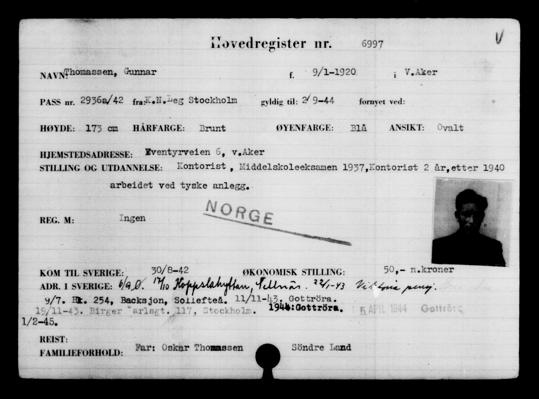 Utenriksstasjonene, Legasjonen i Stockholm, Flyktningkontoret, AV/RA-S-6753/V/Va/L0005: Kjesäterkartoteket, flyktninger med registreringsnr. 6600-9417, 1940-1945, p. 478