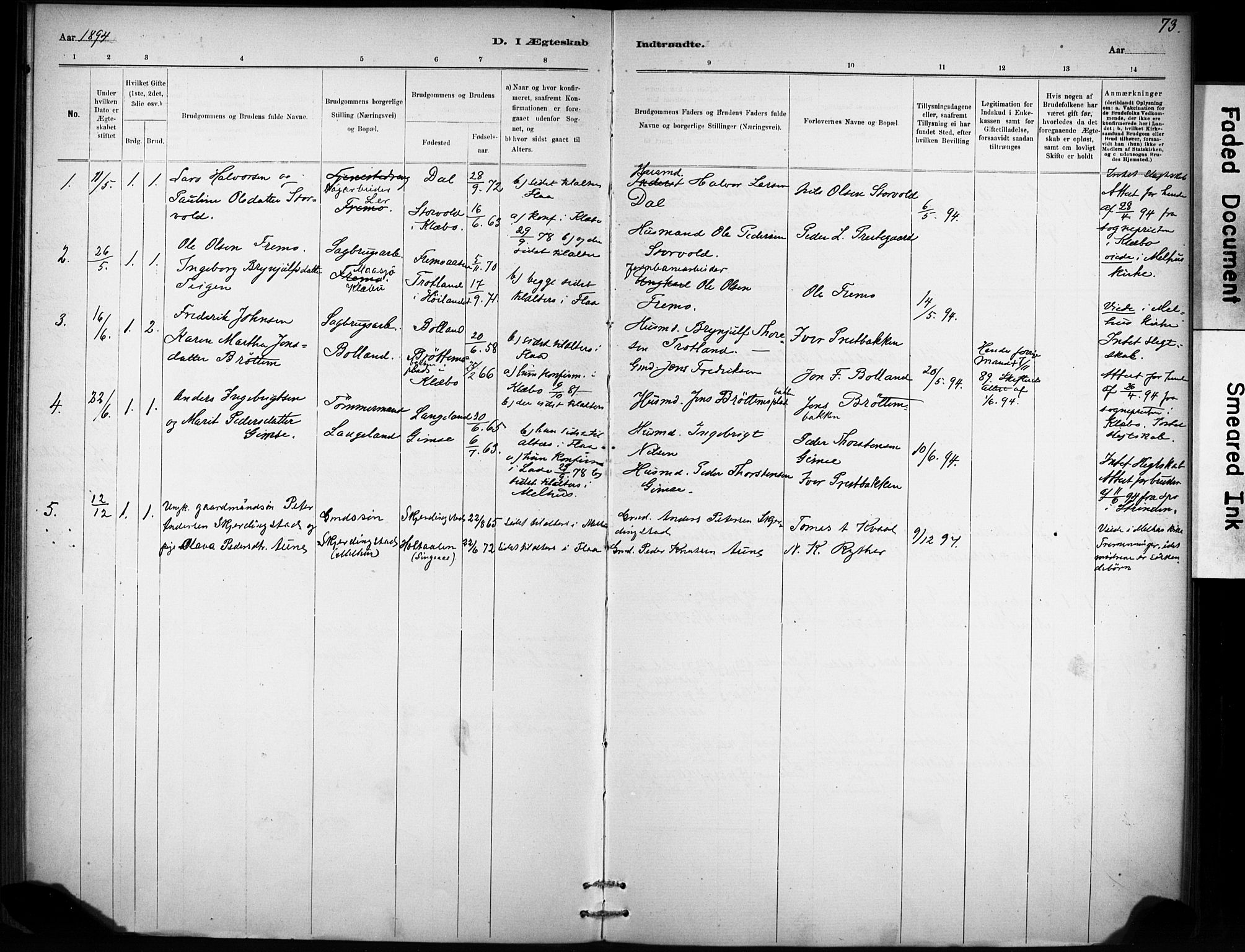 Ministerialprotokoller, klokkerbøker og fødselsregistre - Sør-Trøndelag, AV/SAT-A-1456/693/L1119: Parish register (official) no. 693A01, 1887-1905, p. 73