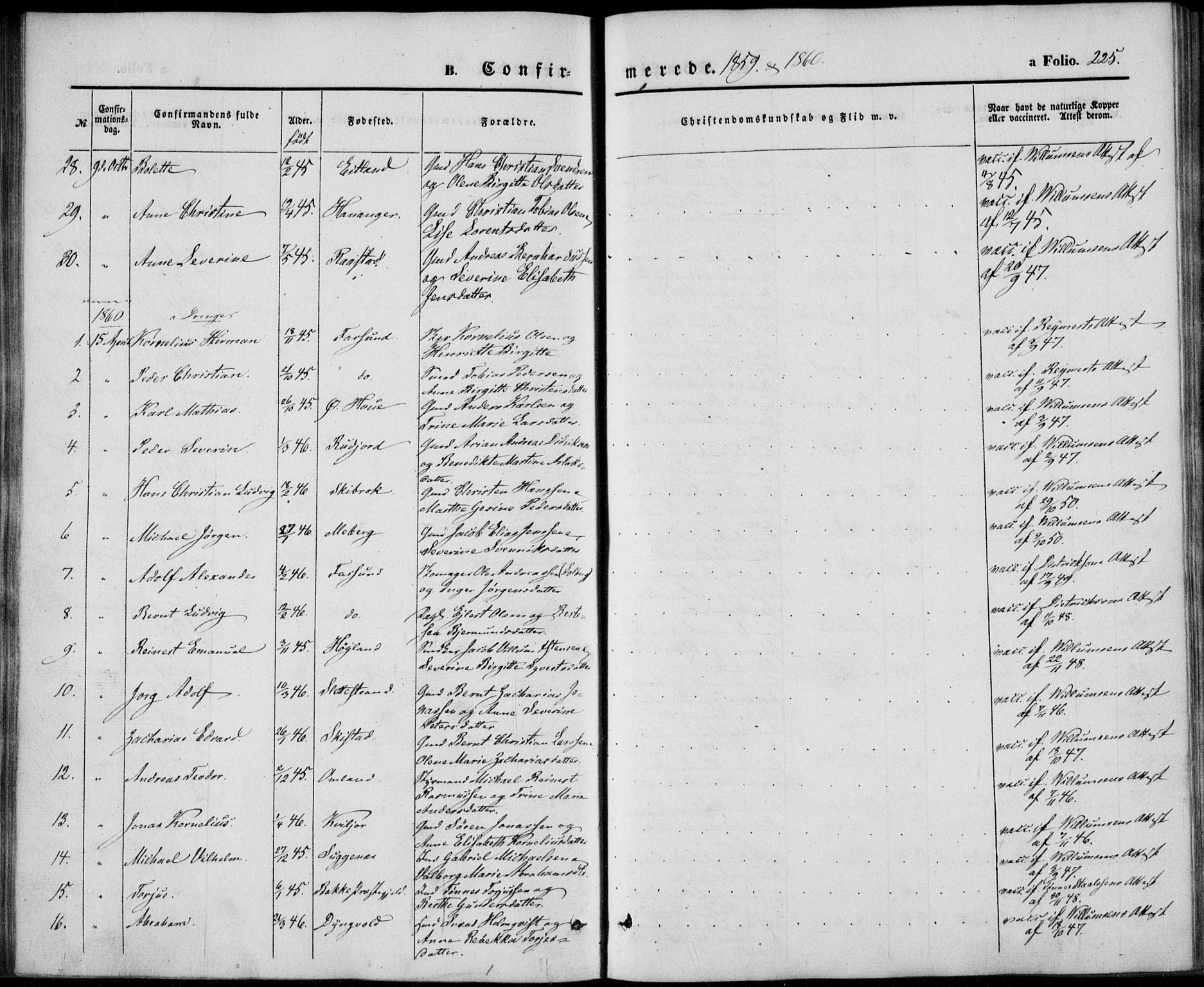 Lista sokneprestkontor, AV/SAK-1111-0027/F/Fb/L0002: Parish register (copy) no. B 2, 1847-1862, p. 225