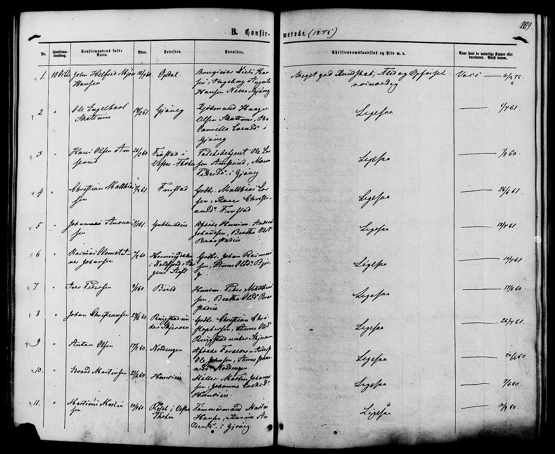 Vardal prestekontor, SAH/PREST-100/H/Ha/Haa/L0007: Parish register (official) no. 7, 1867-1878, p. 209