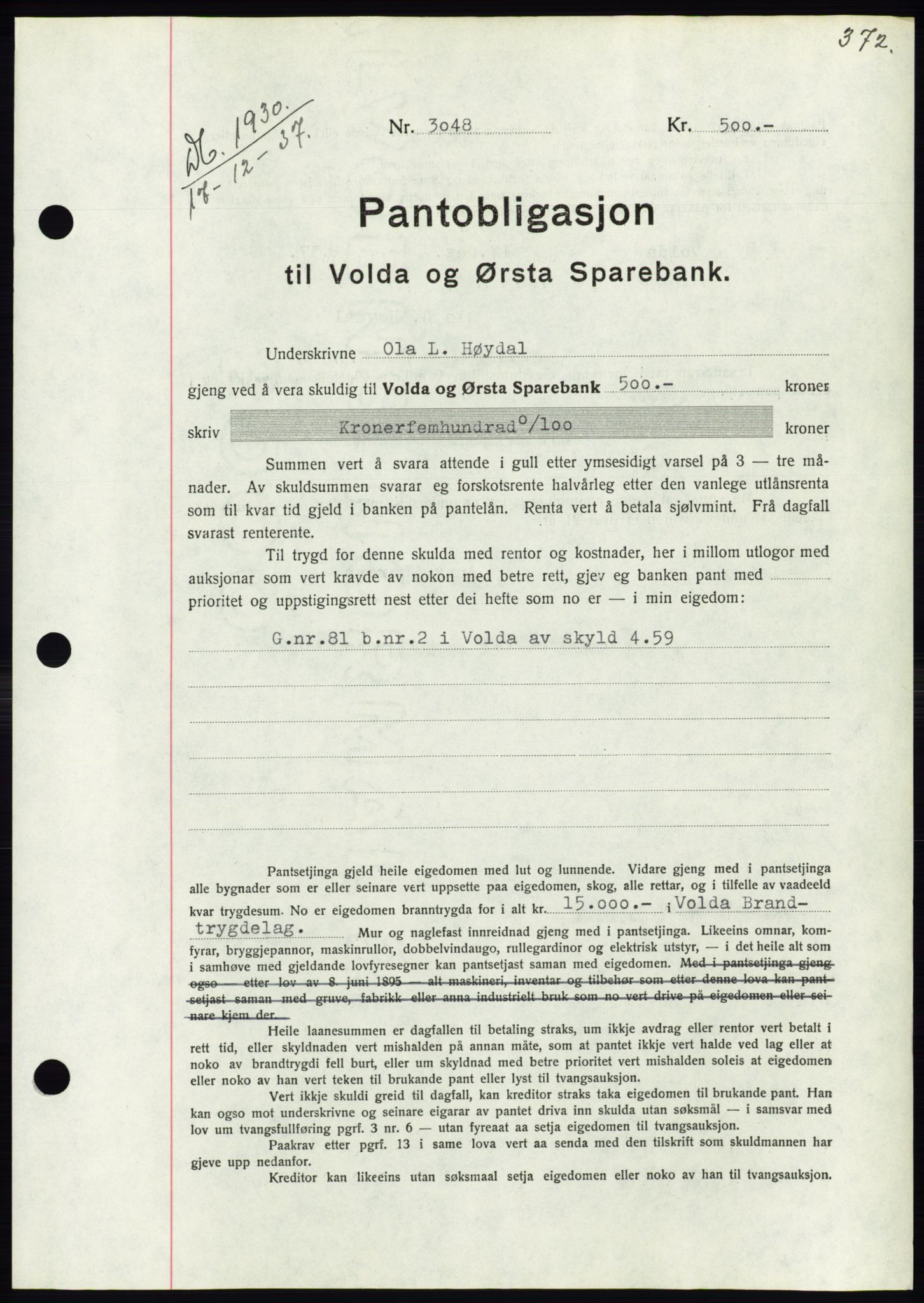 Søre Sunnmøre sorenskriveri, AV/SAT-A-4122/1/2/2C/L0064: Mortgage book no. 58, 1937-1938, Diary no: : 1830/1937