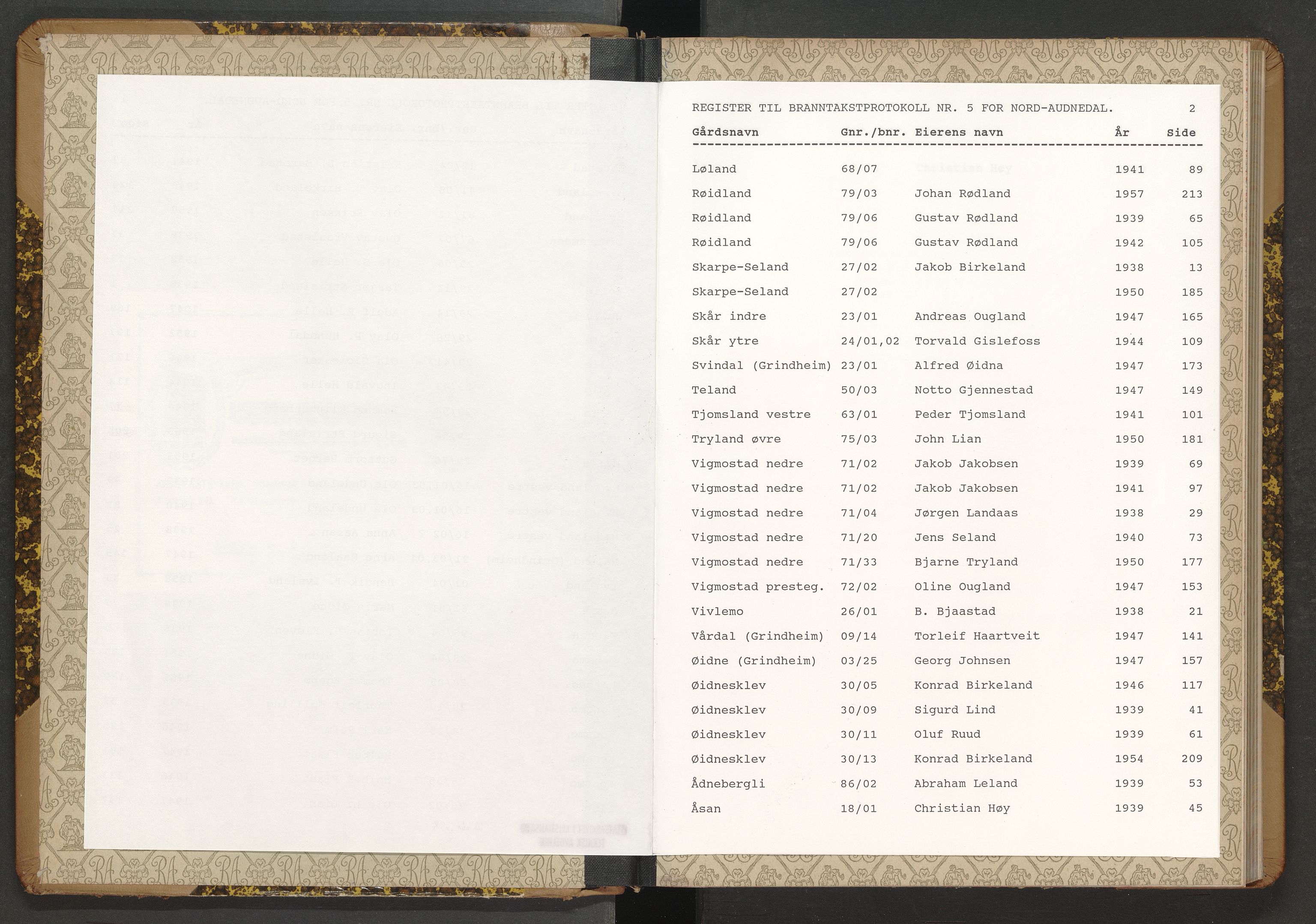 Norges Brannkasse Nord-Audnedal, AV/SAK-2241-0041/F/Fa/L0005: Branntakstprotokoll nr. 5 med gårdsnavnregister, 1938-1957