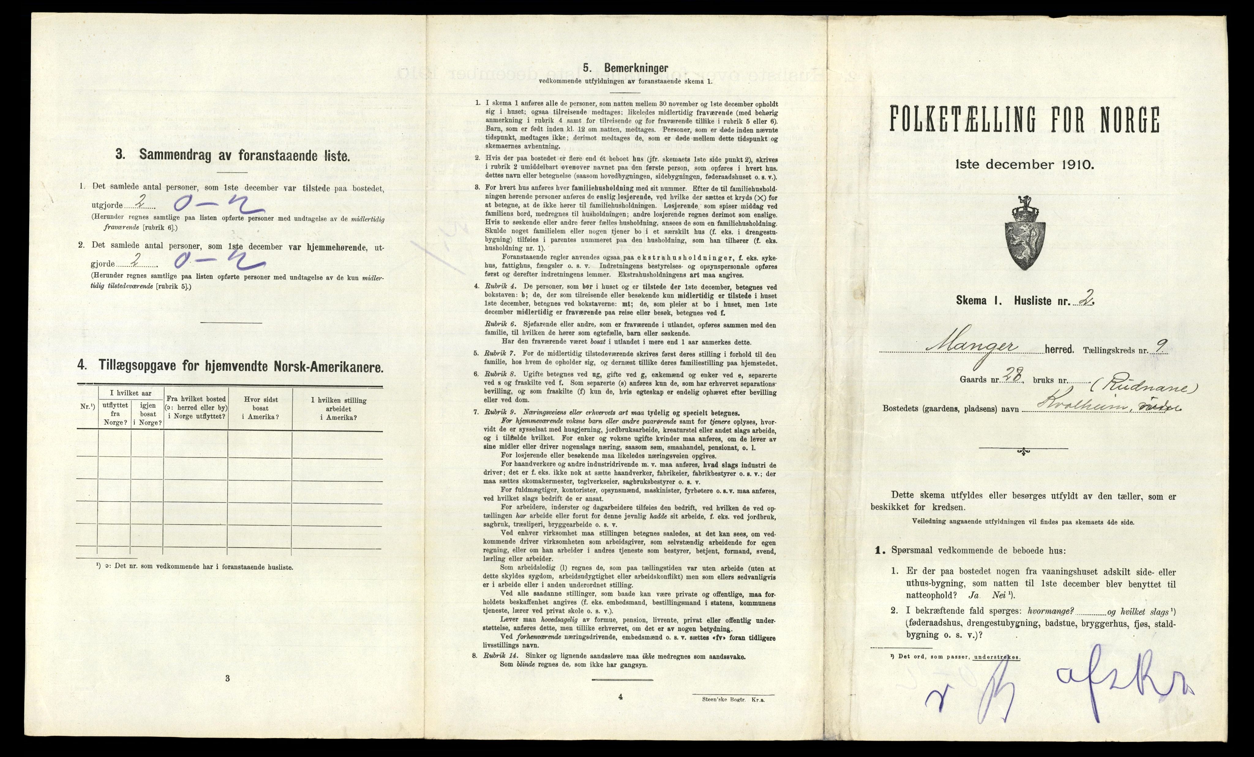 RA, 1910 census for Manger, 1910, p. 1009