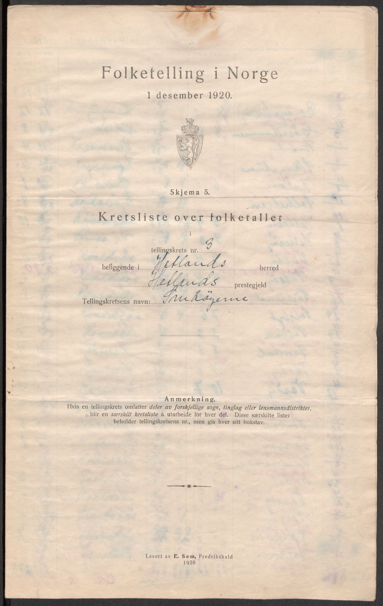 SAST, 1920 census for Hetland, 1920, p. 14