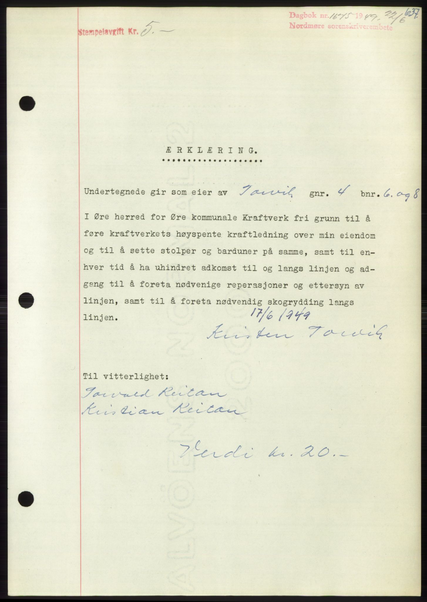 Nordmøre sorenskriveri, AV/SAT-A-4132/1/2/2Ca: Mortgage book no. B101, 1949-1949, Diary no: : 1675/1949