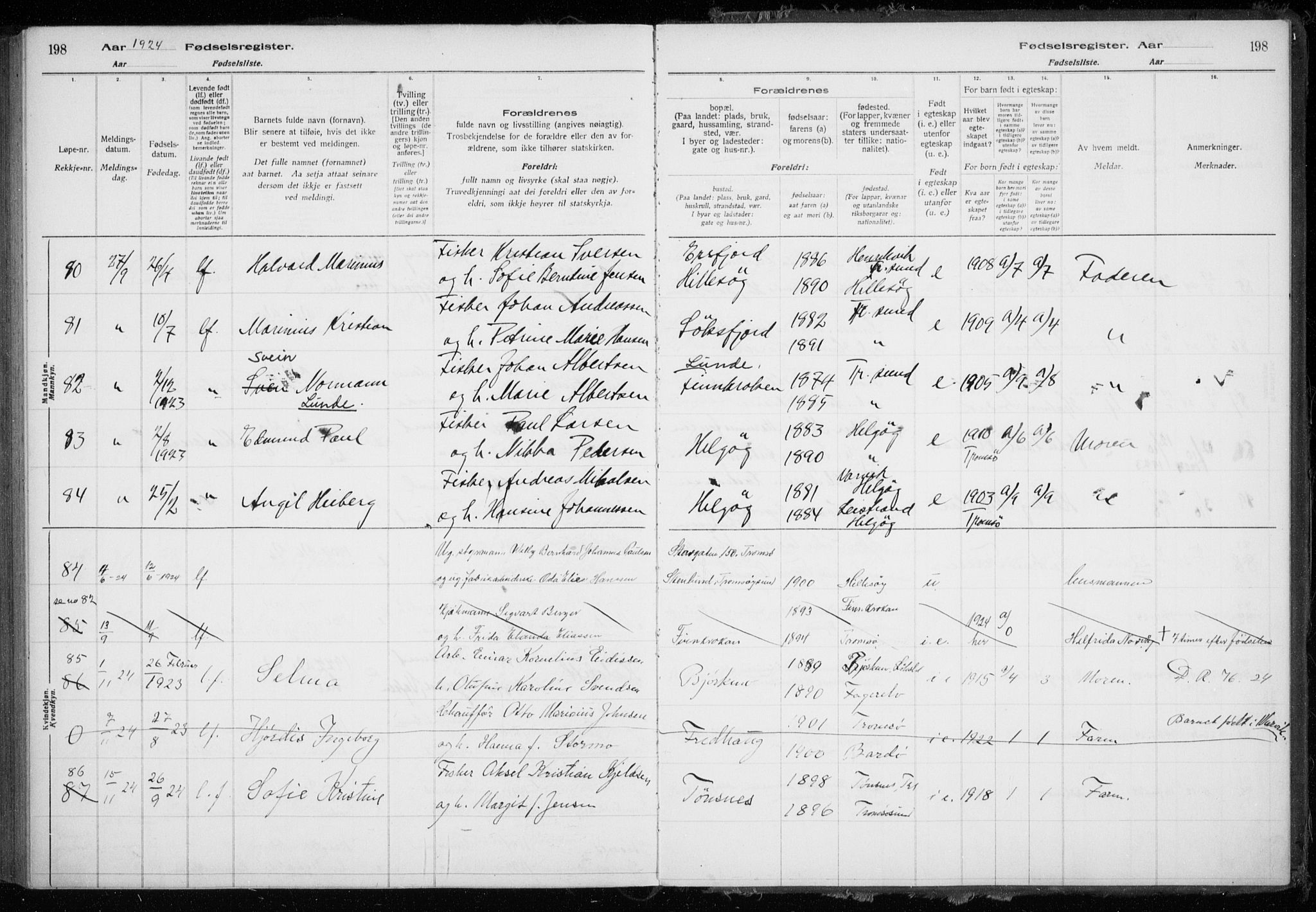 Tromsøysund sokneprestkontor, AV/SATØ-S-1304/H/Ha/L0079: Birth register no. 79, 1916-1924, p. 198