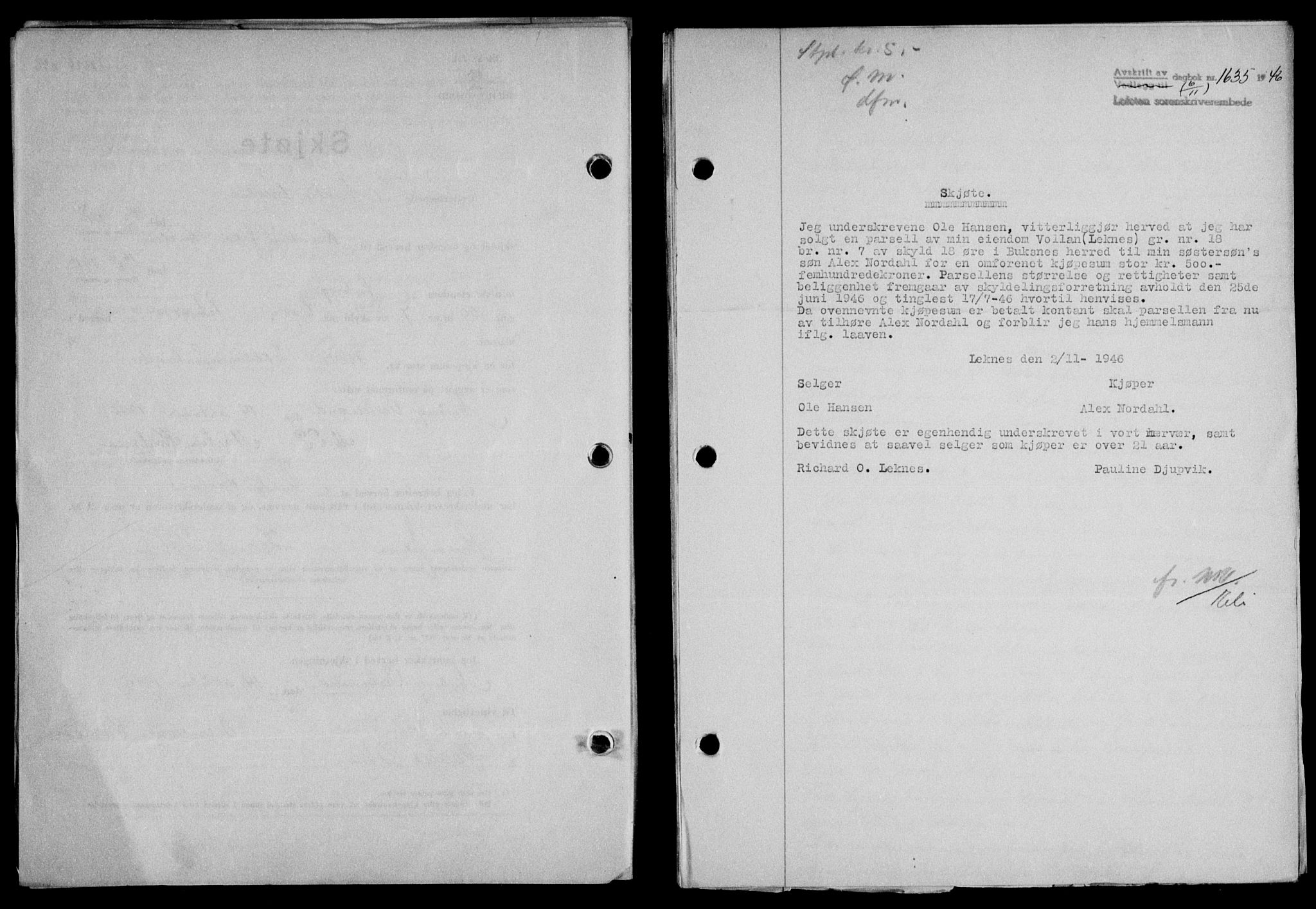 Lofoten sorenskriveri, SAT/A-0017/1/2/2C/L0015a: Mortgage book no. 15a, 1946-1947, Diary no: : 1635/1946