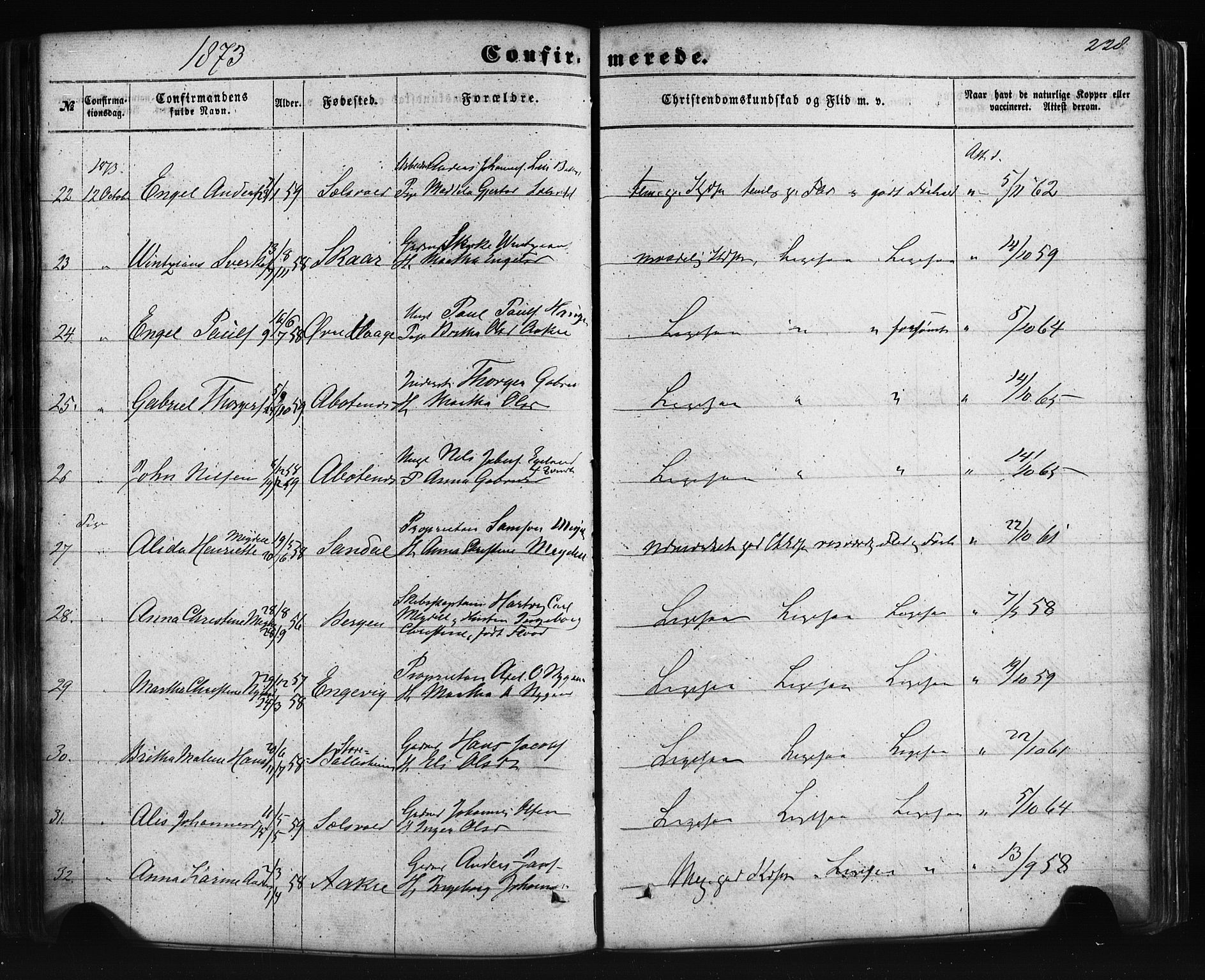 Fusa sokneprestembete, AV/SAB-A-75401/H/Haa: Parish register (official) no. A 1I, 1855-1879, p. 228