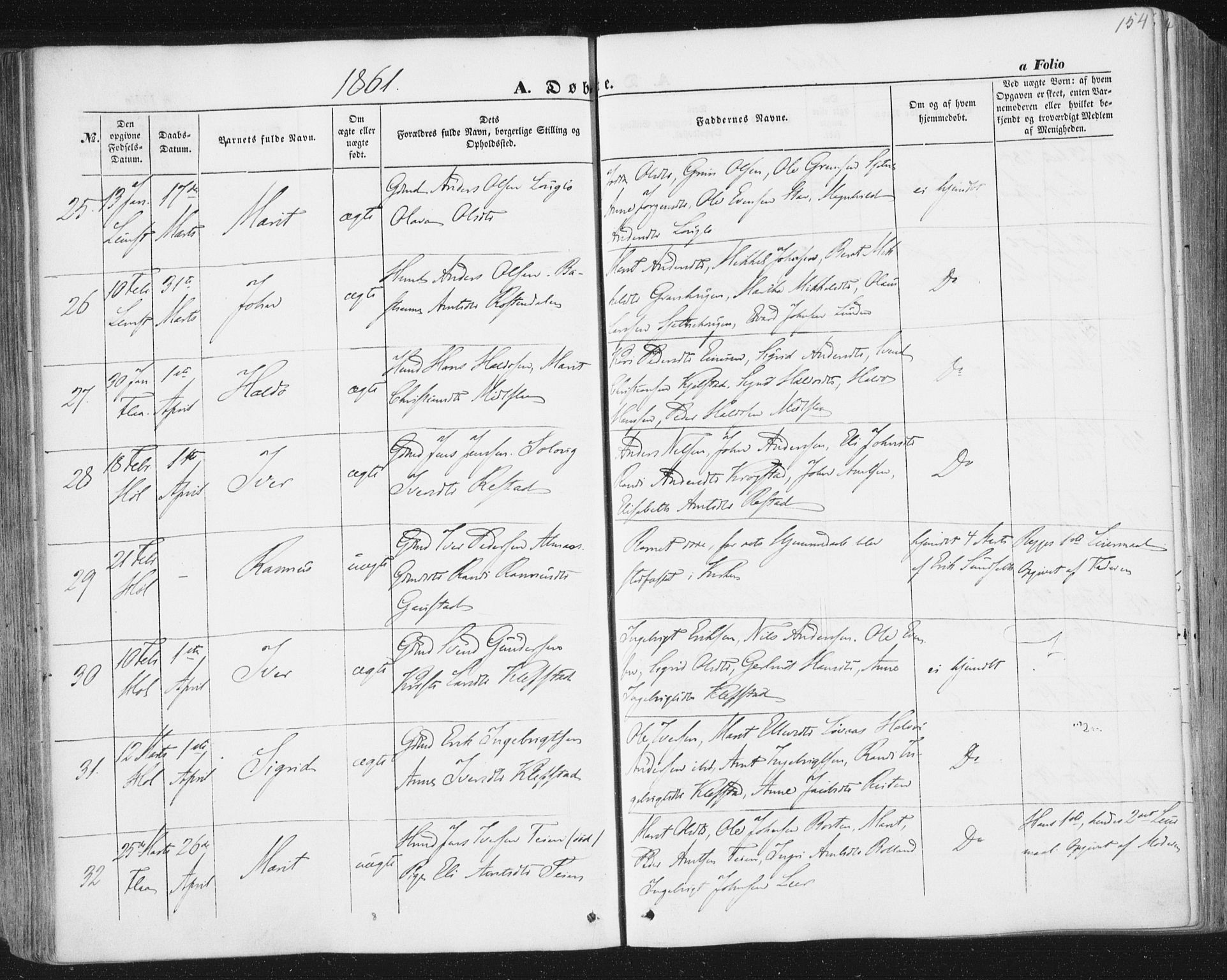 Ministerialprotokoller, klokkerbøker og fødselsregistre - Sør-Trøndelag, AV/SAT-A-1456/691/L1076: Parish register (official) no. 691A08, 1852-1861, p. 154