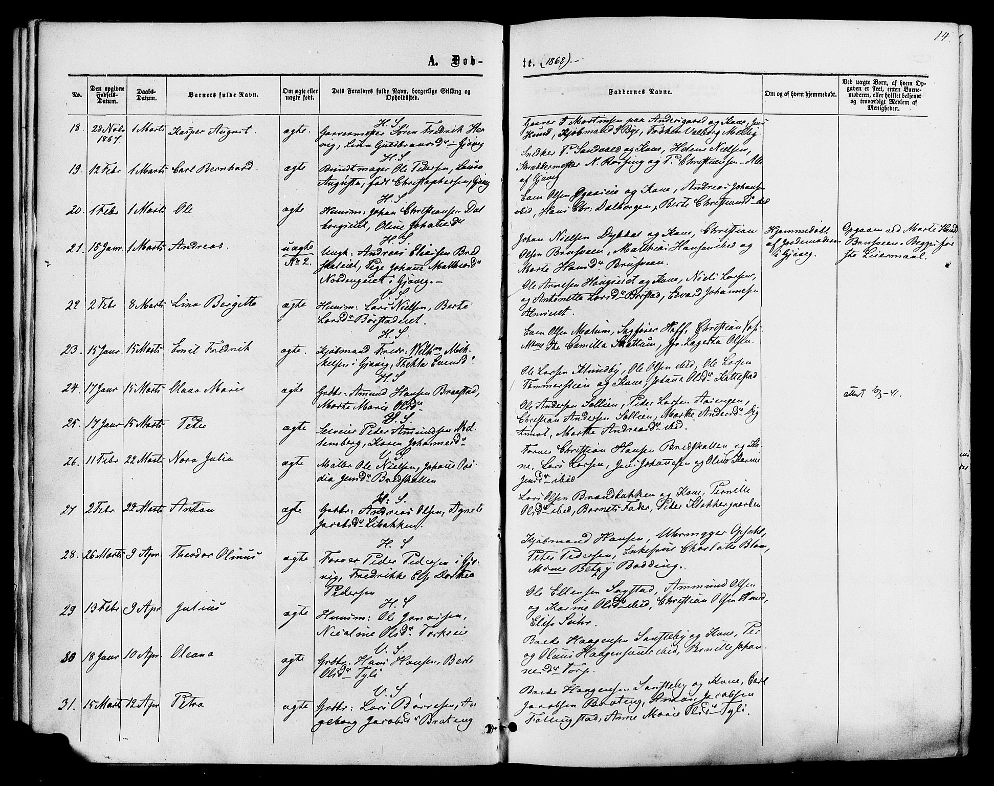 Vardal prestekontor, SAH/PREST-100/H/Ha/Haa/L0007: Parish register (official) no. 7, 1867-1878, p. 14