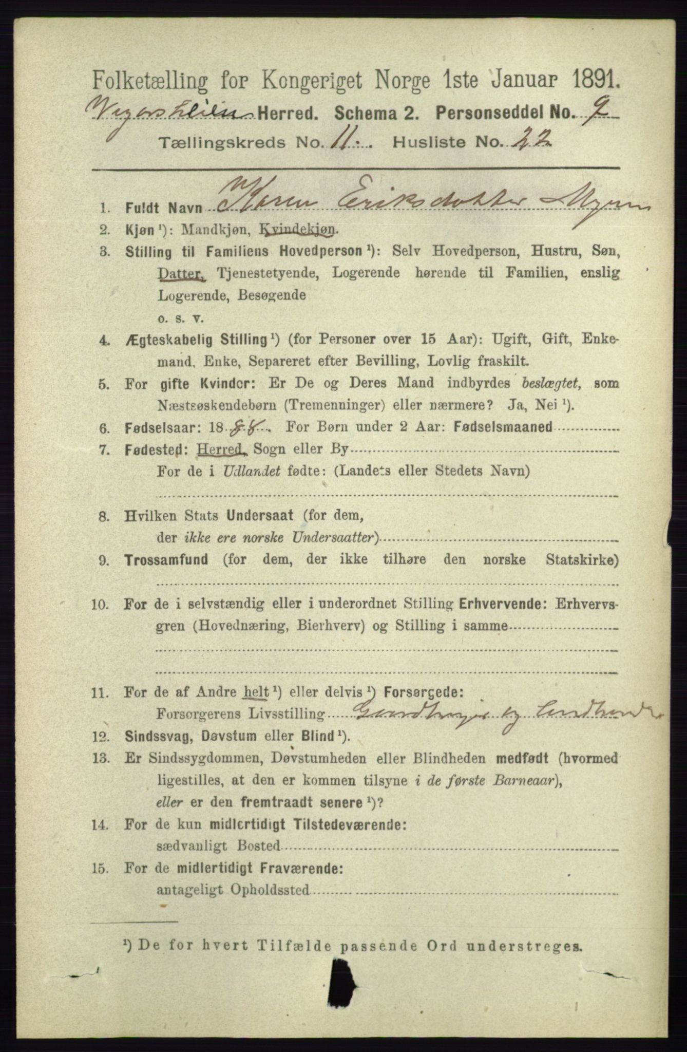 RA, 1891 census for 0912 Vegårshei, 1891, p. 2363