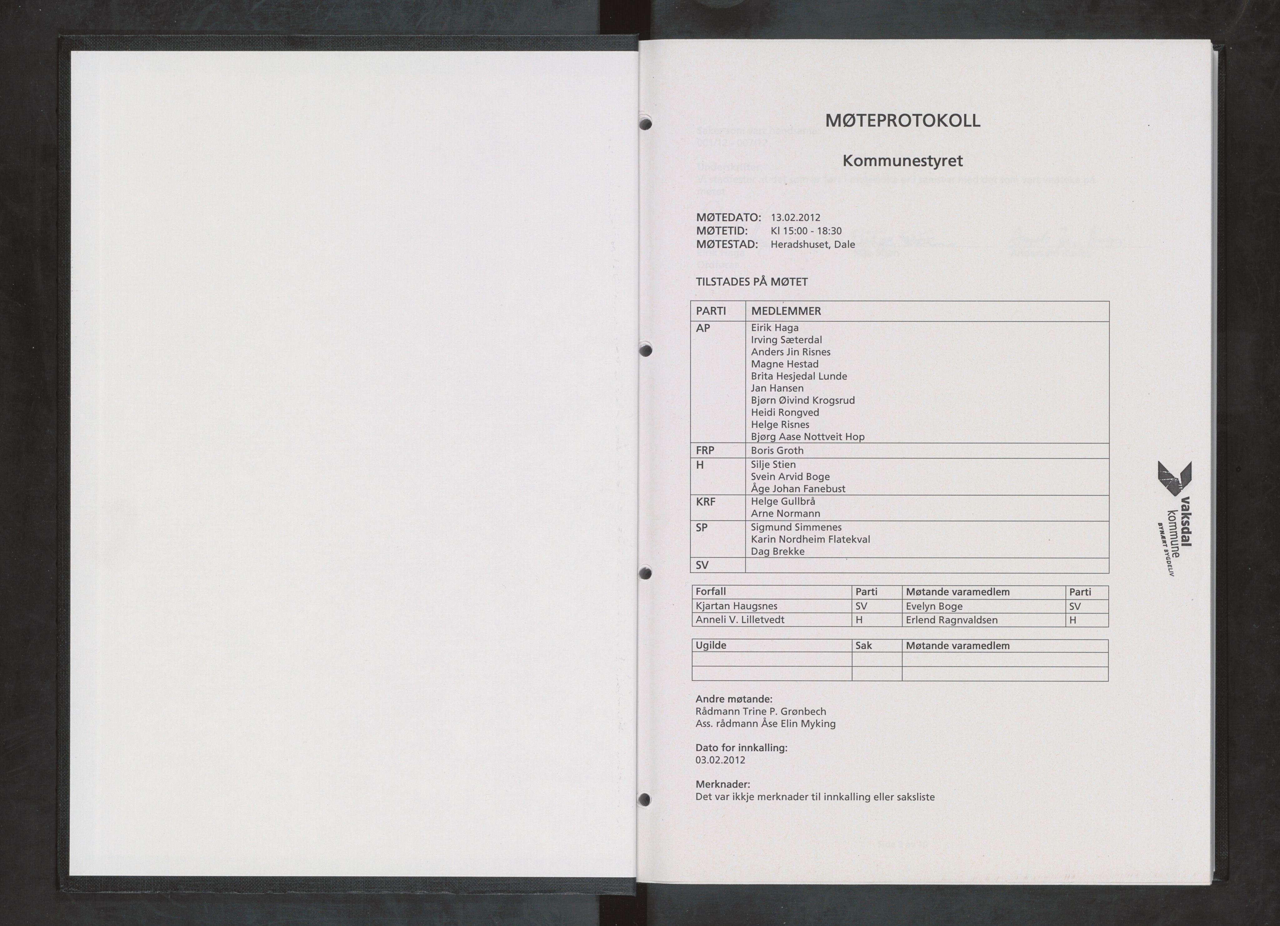 Vaksdal kommune. Formannskapet, IKAH/1251b-021/A/Ab/L0027: Møtebok for kommunestyret DEL I , 2012