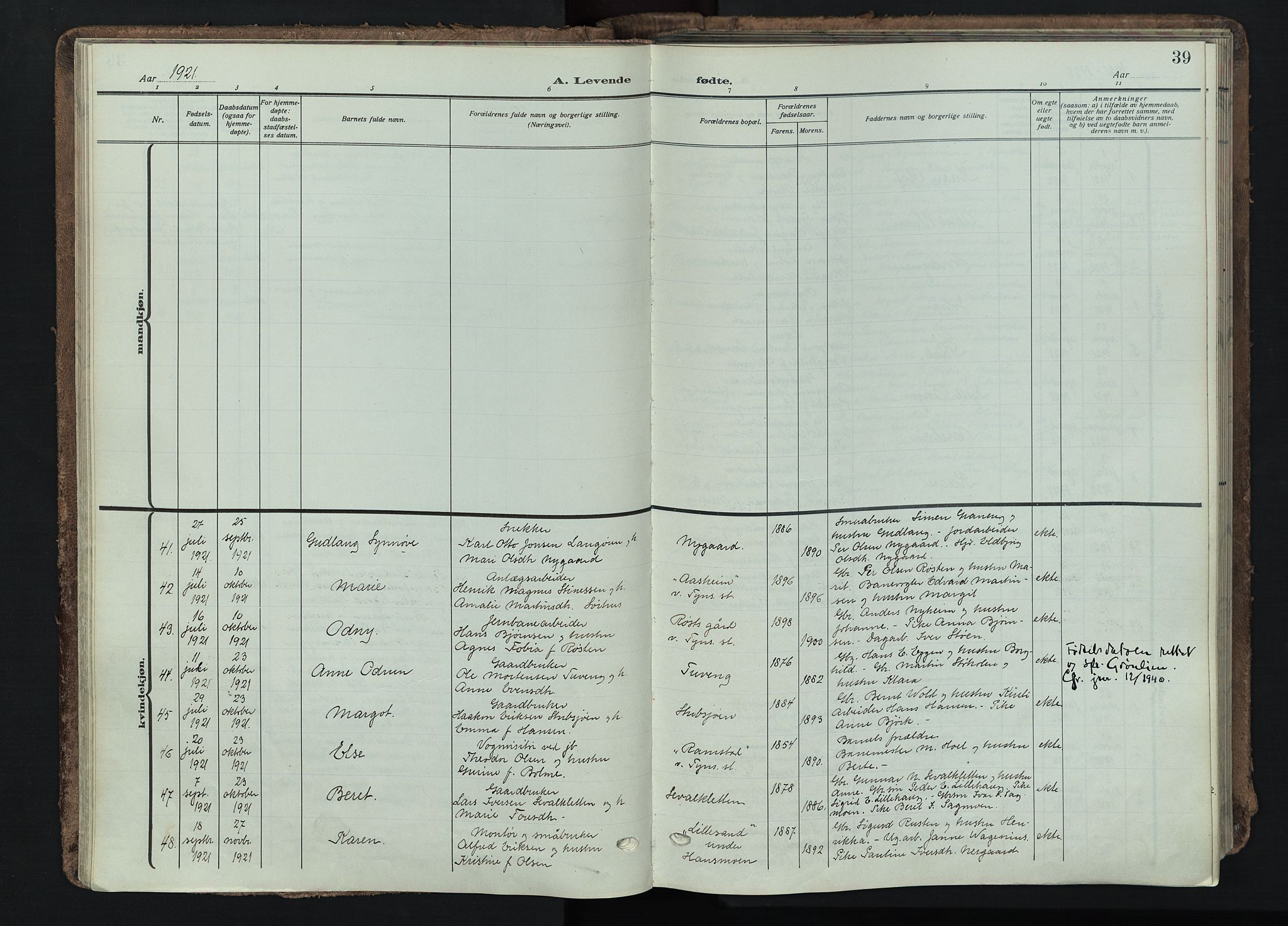 Tynset prestekontor, SAH/PREST-058/H/Ha/Haa/L0026: Parish register (official) no. 26, 1915-1929, p. 39