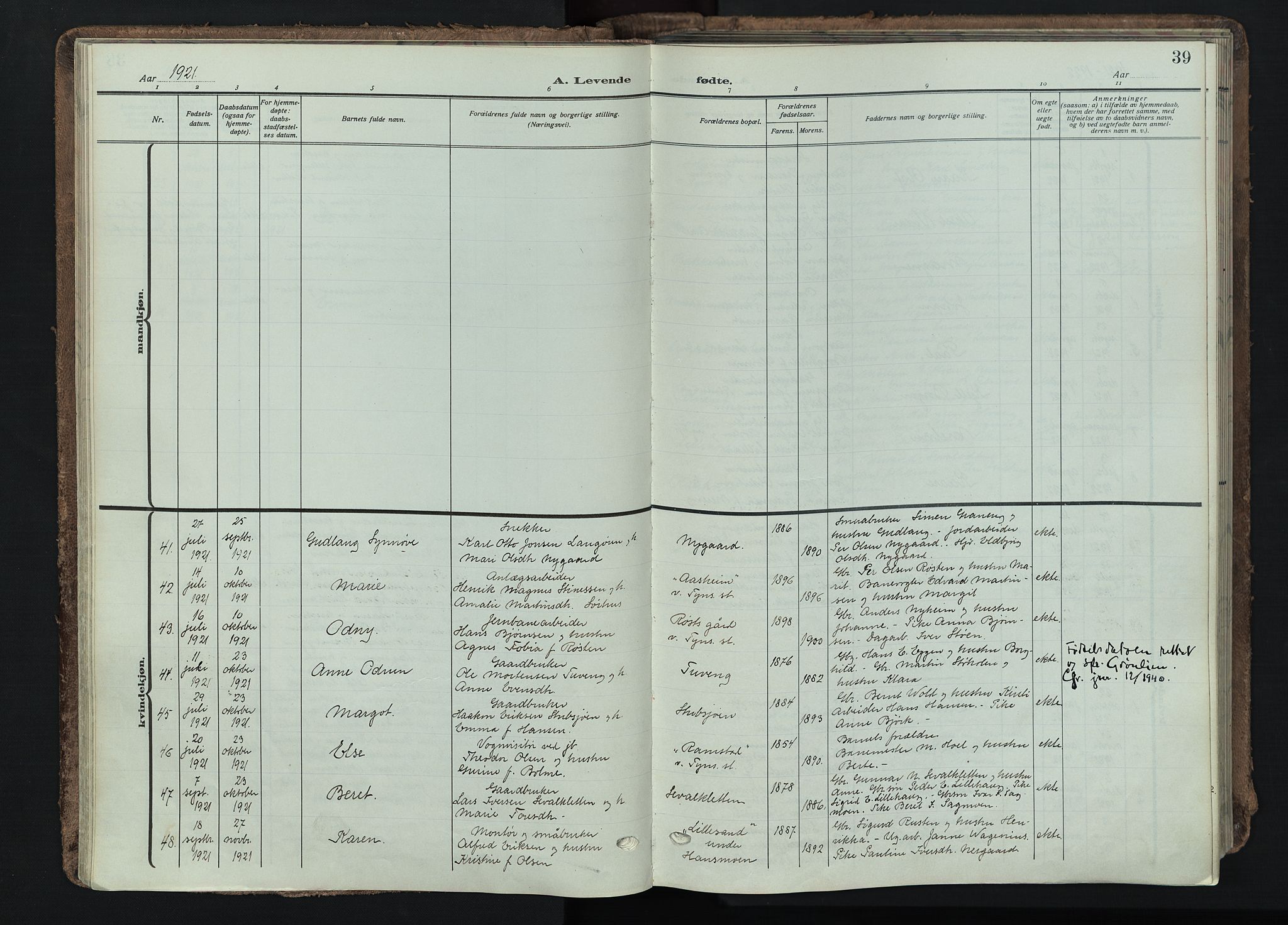 Tynset prestekontor, AV/SAH-PREST-058/H/Ha/Haa/L0026: Parish register (official) no. 26, 1915-1929, p. 39