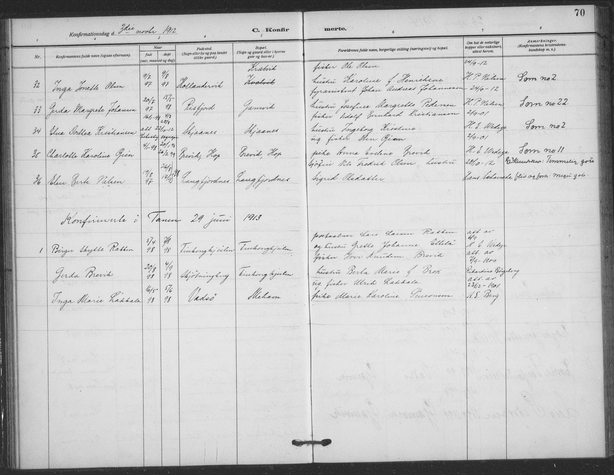 Tana sokneprestkontor, SATØ/S-1334/H/Ha/L0008kirke: Parish register (official) no. 8, 1908-1920, p. 70