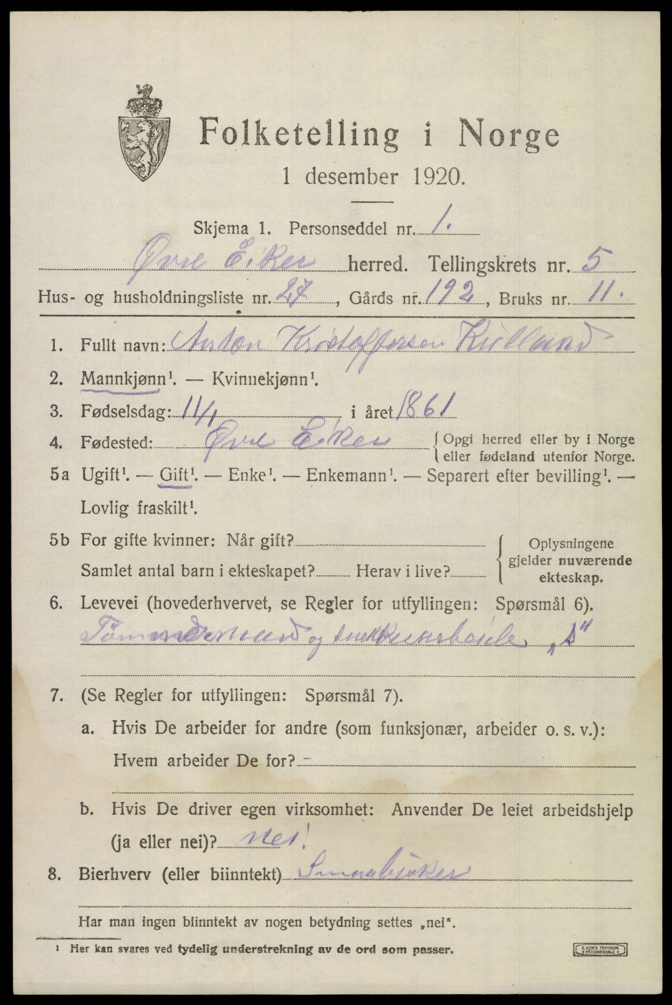 SAKO, 1920 census for Øvre Eiker, 1920, p. 12314