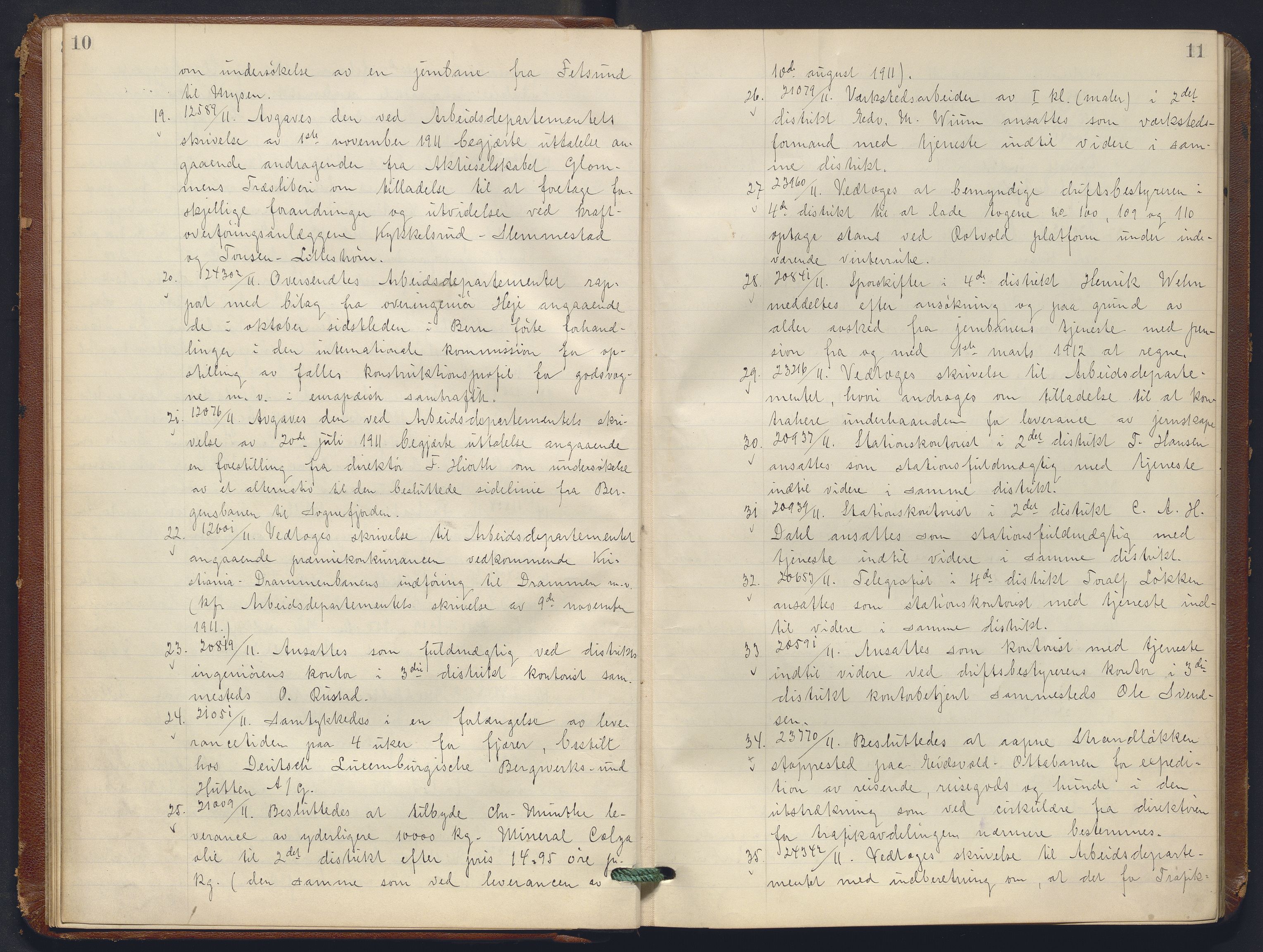 Norges statsbaner, Administrasjons- økonomi- og personalavdelingen, AV/RA-S-3412/A/Aa/L0012: Forhandlingsprotokoll, 1911-1913, p. 10-11