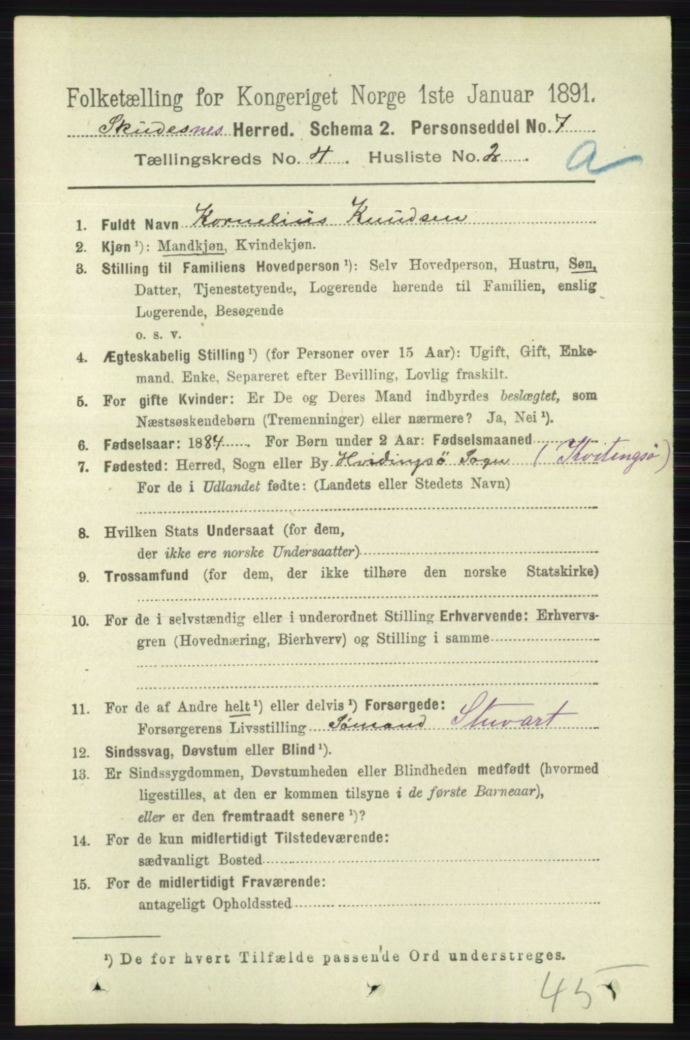 RA, 1891 census for 1150 Skudenes, 1891, p. 1885