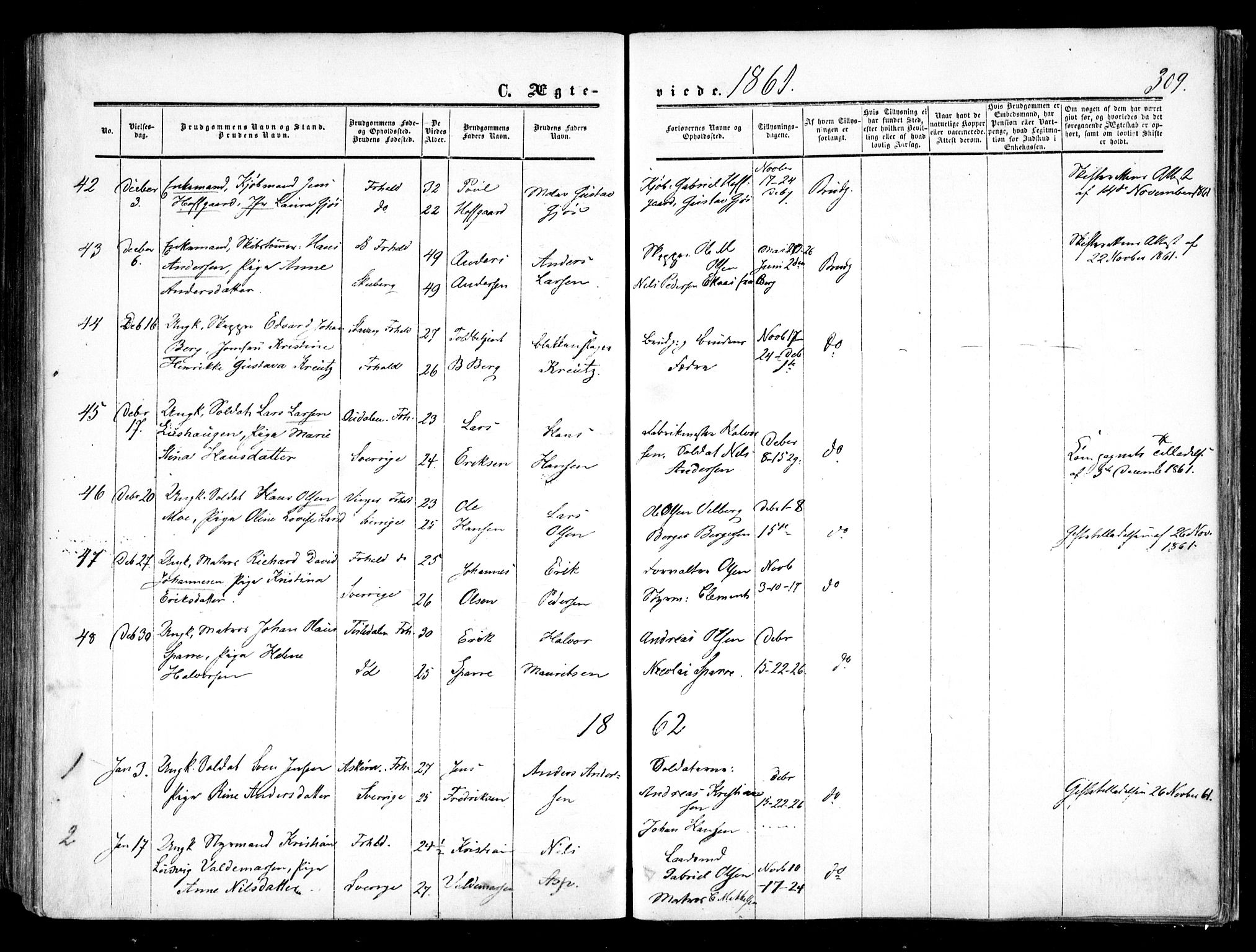 Halden prestekontor Kirkebøker, AV/SAO-A-10909/F/Fa/L0007: Parish register (official) no. I 7, 1857-1865, p. 309