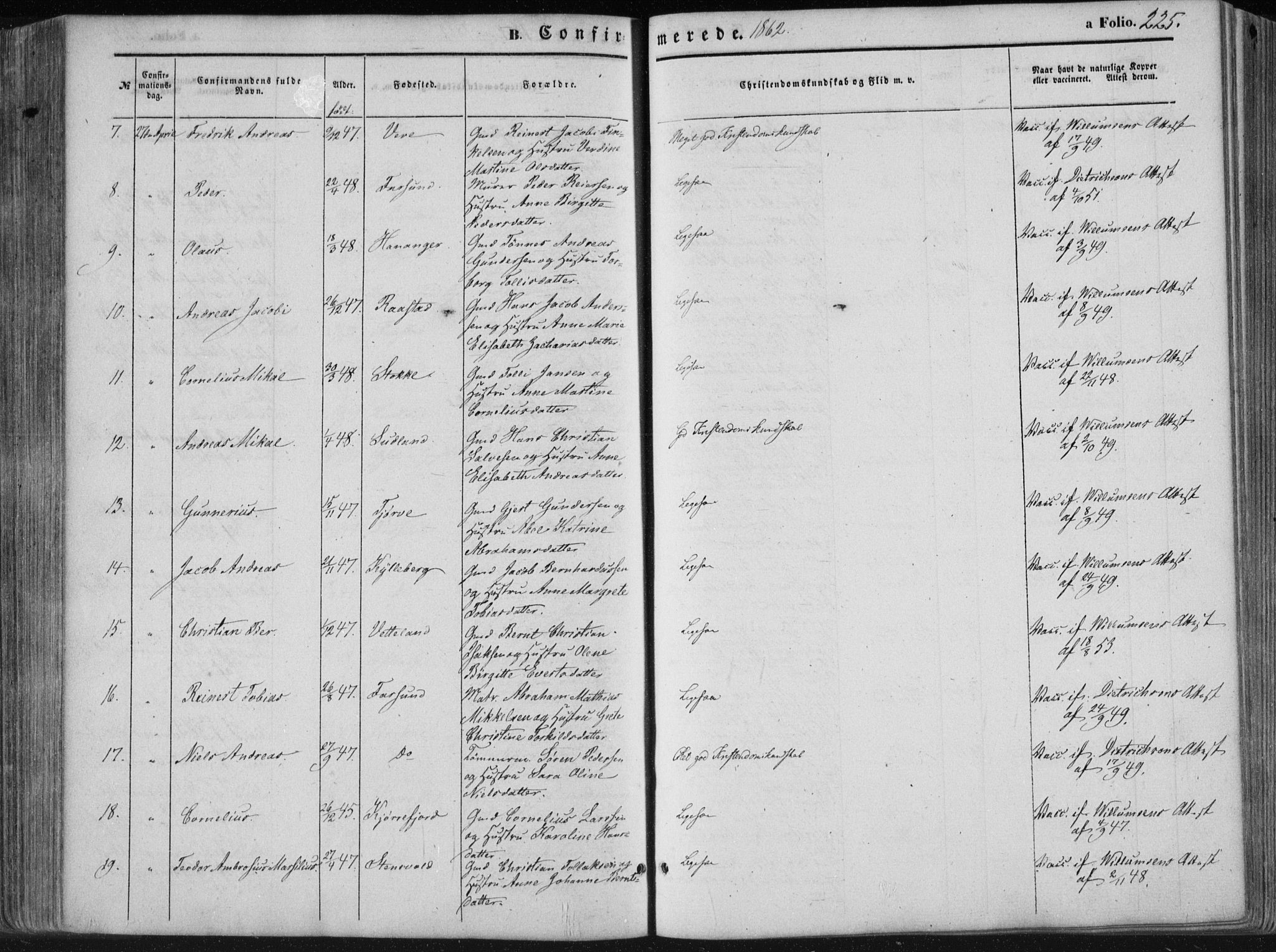 Lista sokneprestkontor, AV/SAK-1111-0027/F/Fa/L0011: Parish register (official) no. A 11, 1861-1878, p. 225