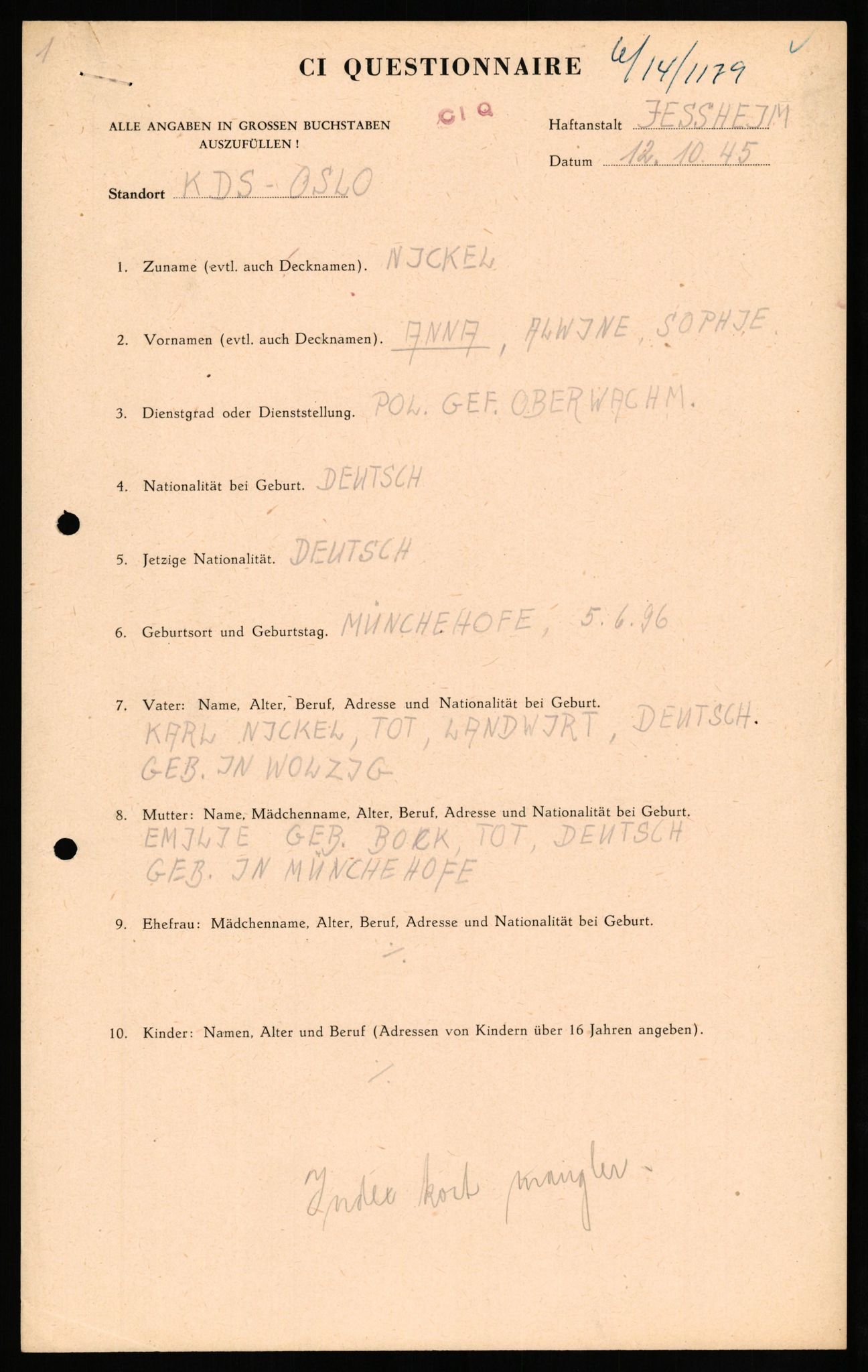 Forsvaret, Forsvarets overkommando II, AV/RA-RAFA-3915/D/Db/L0024: CI Questionaires. Tyske okkupasjonsstyrker i Norge. Tyskere., 1945-1946, p. 114