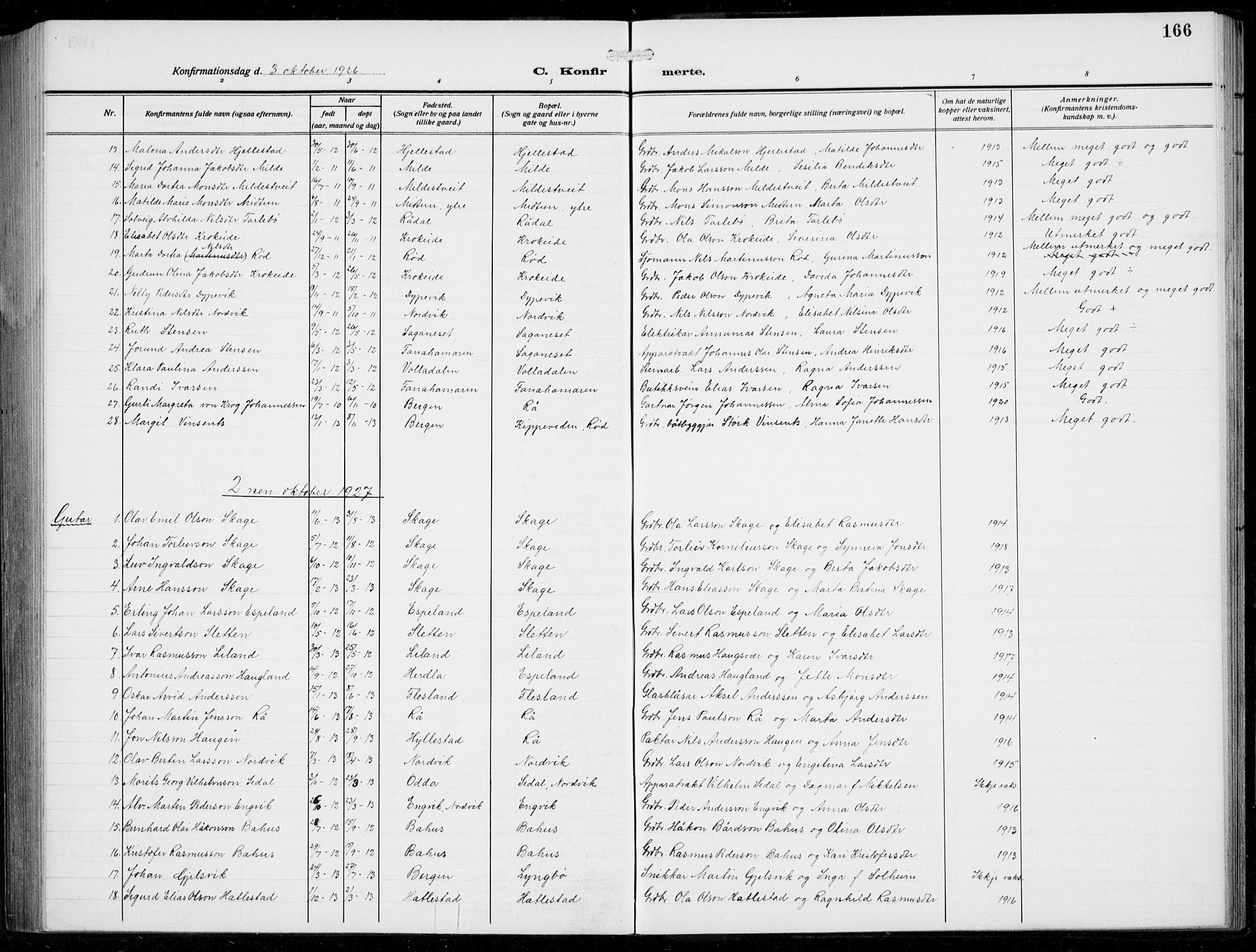 Fana Sokneprestembete, SAB/A-75101/H/Hab/Haba/L0005: Parish register (copy) no. A 5, 1911-1932, p. 166