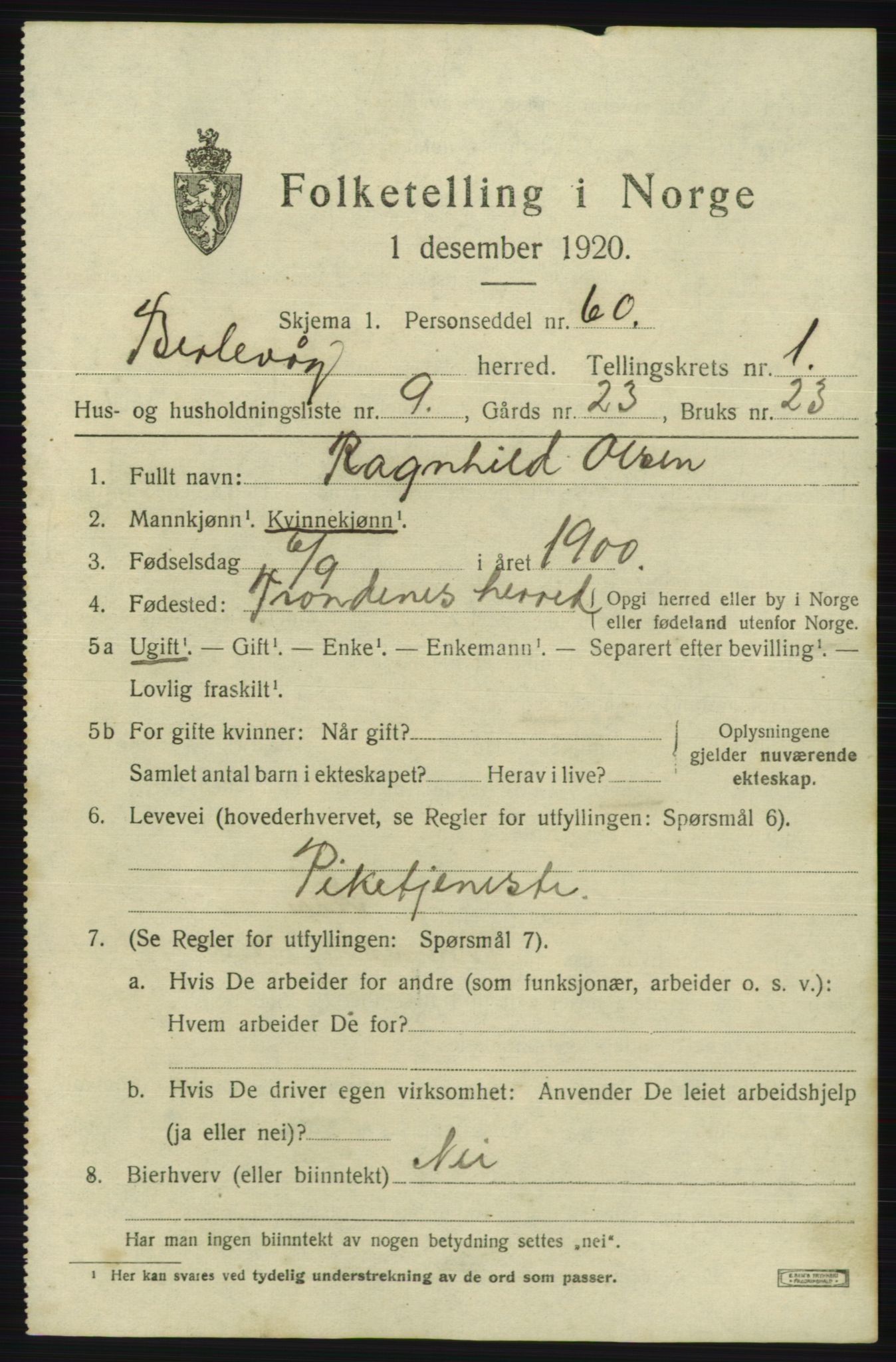 SATØ, 1920 census for Berlevåg, 1920, p. 557