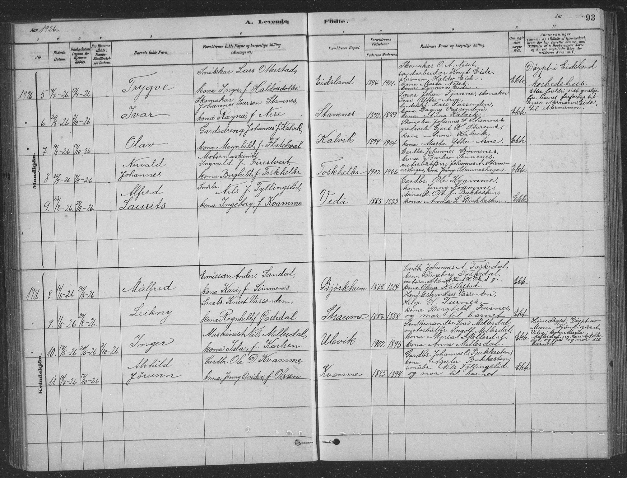 Vaksdal Sokneprestembete, SAB/A-78901/H/Hab: Parish register (copy) no. D 1, 1878-1939, p. 93
