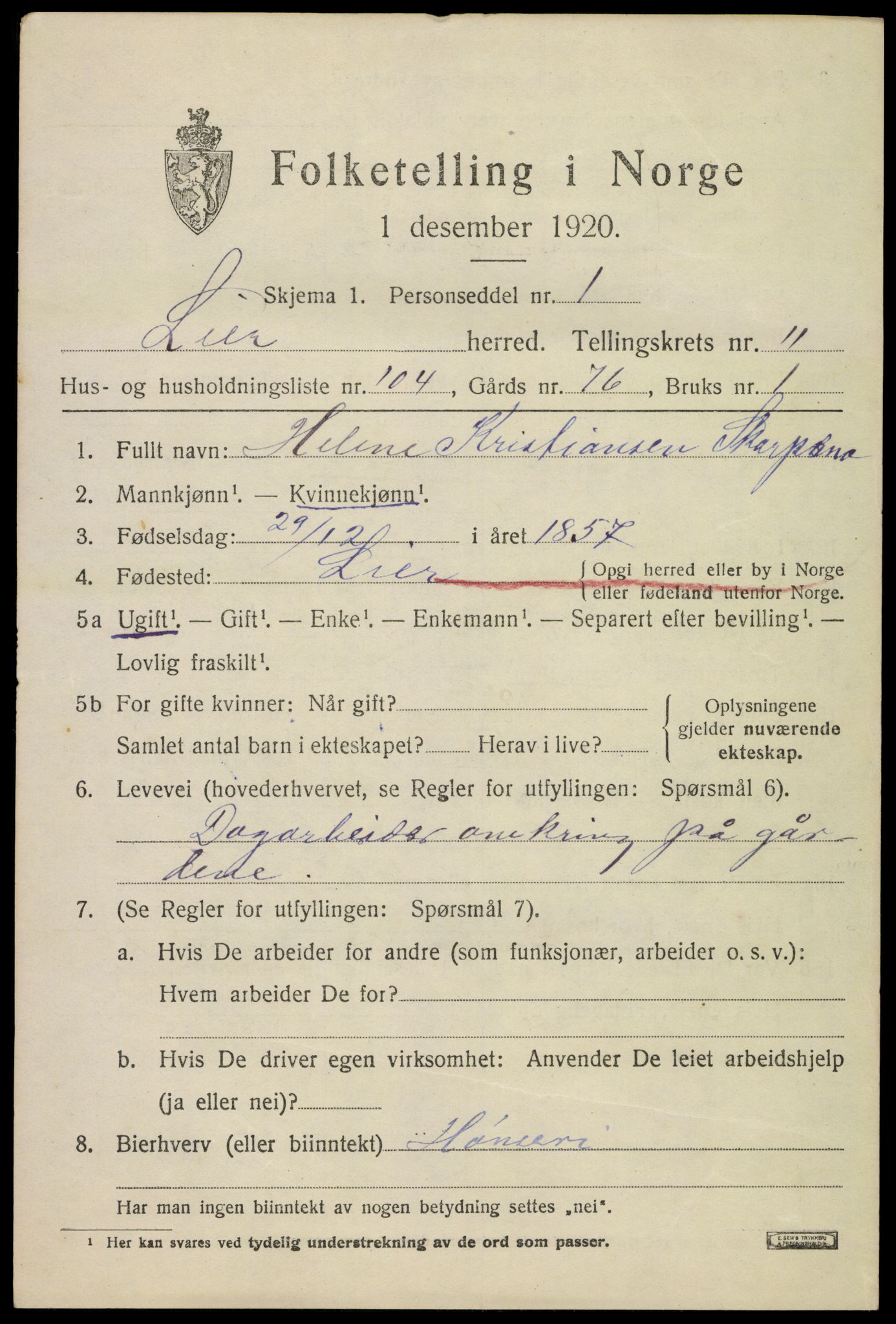 SAKO, 1920 census for Lier, 1920, p. 18496