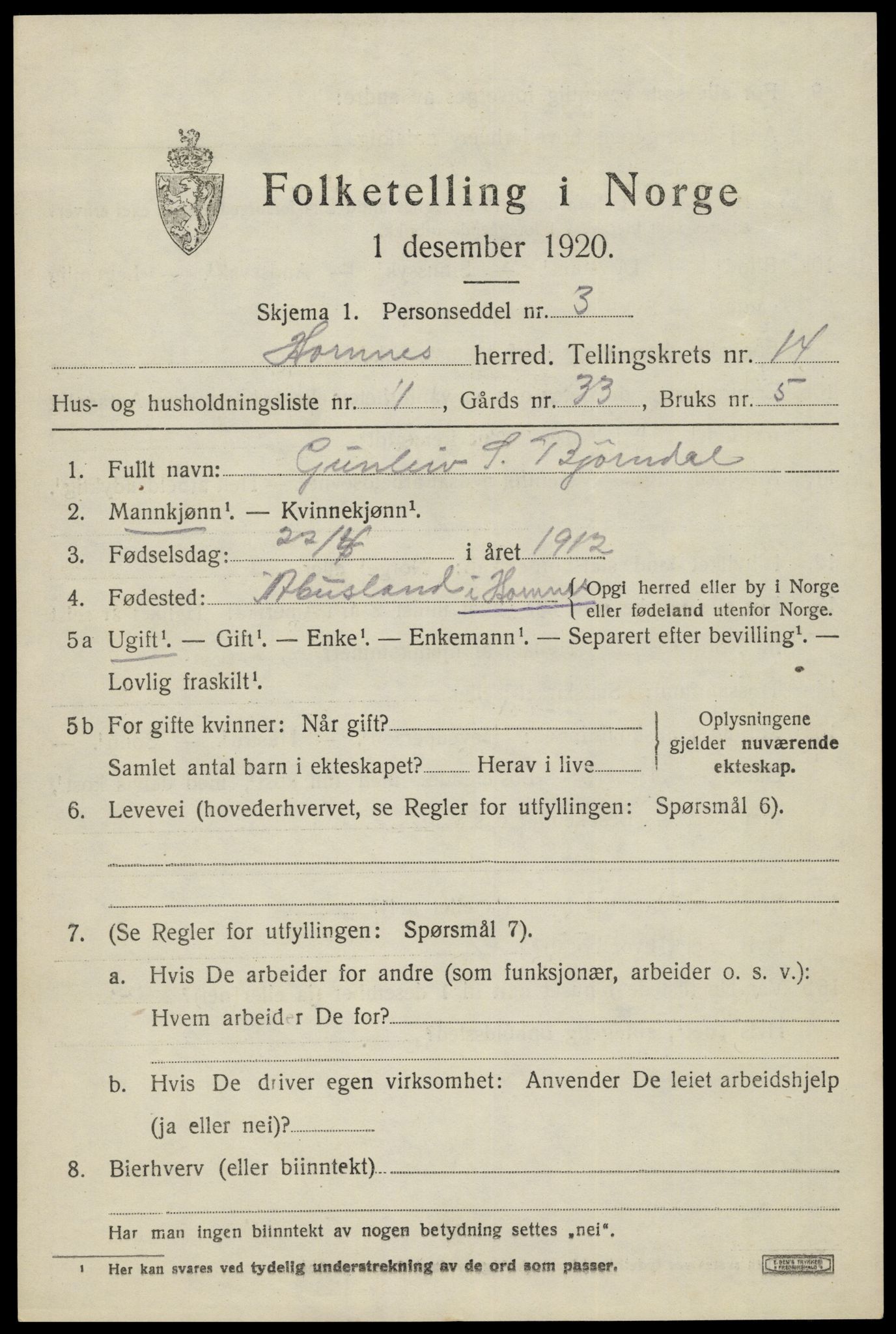 SAK, 1920 census for Hornnes, 1920, p. 3255