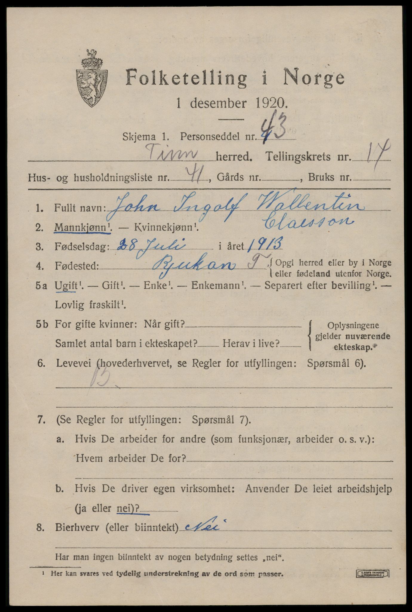 SAKO, 1920 census for Tinn, 1920, p. 9888