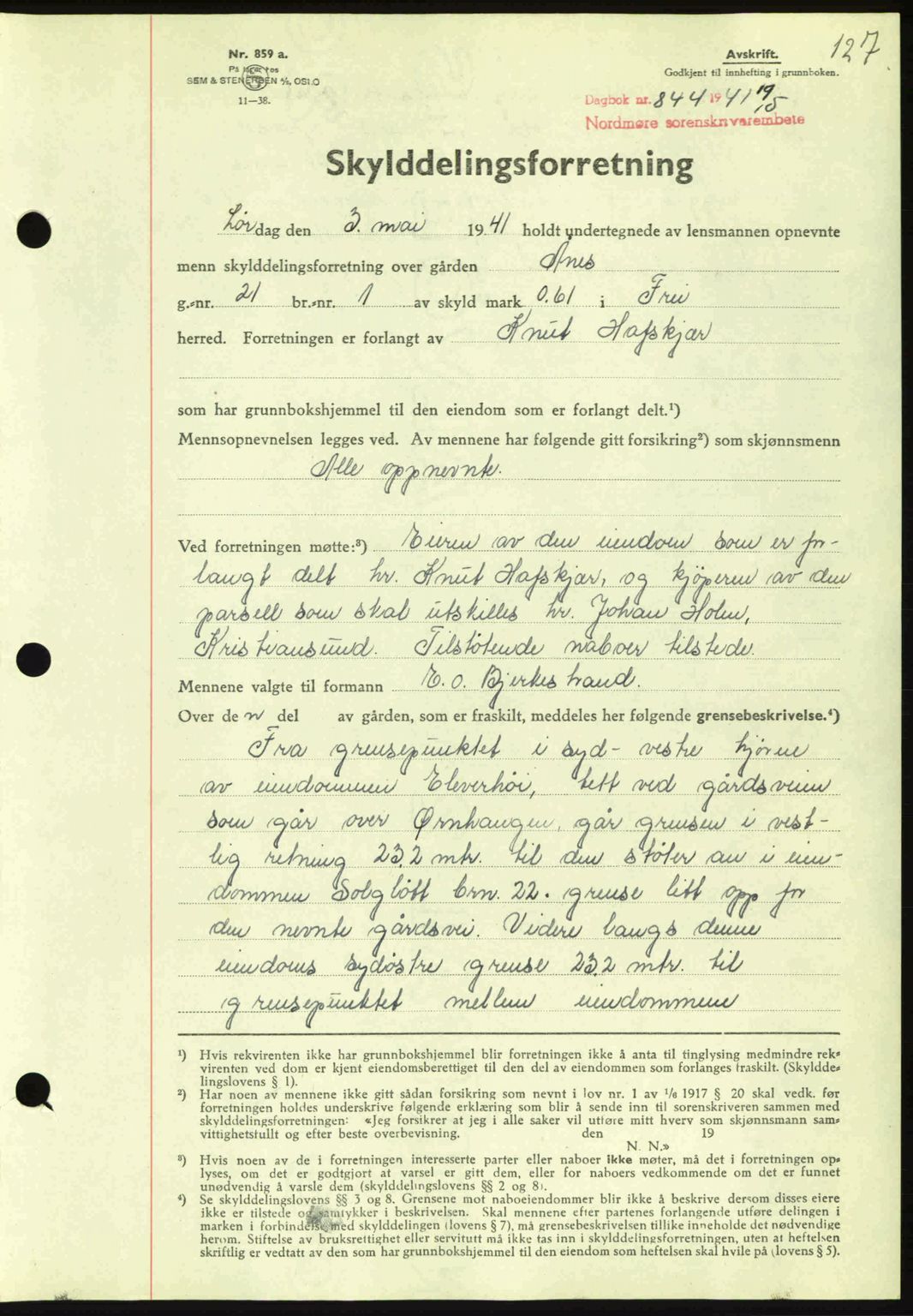 Nordmøre sorenskriveri, SAT/A-4132/1/2/2Ca: Mortgage book no. A90, 1941-1941, Diary no: : 844/1941