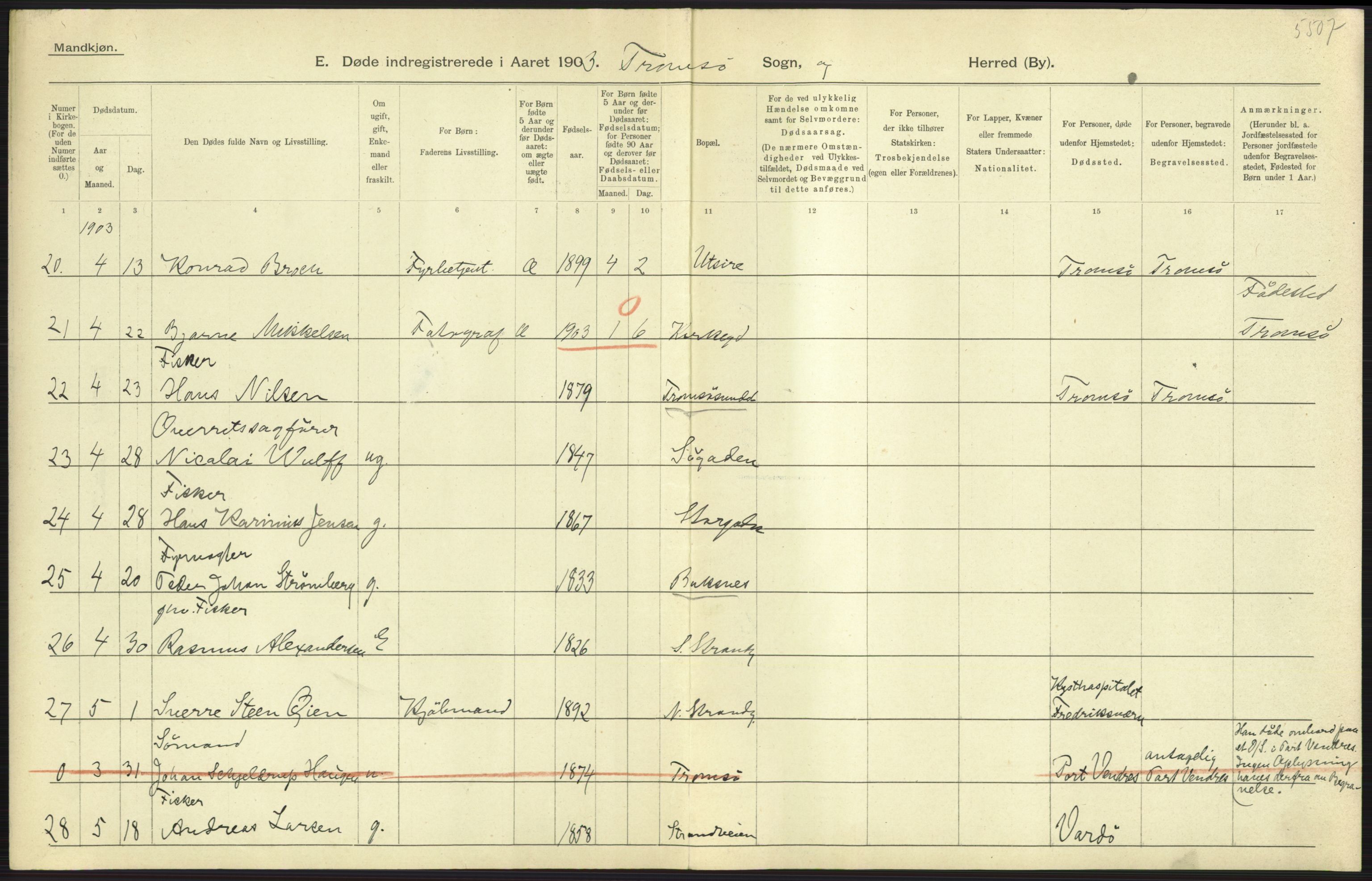 Statistisk sentralbyrå, Sosiodemografiske emner, Befolkning, AV/RA-S-2228/D/Df/Dfa/Dfaa/L0021: Tromsø amt: Fødte, gifte, døde., 1903, p. 535