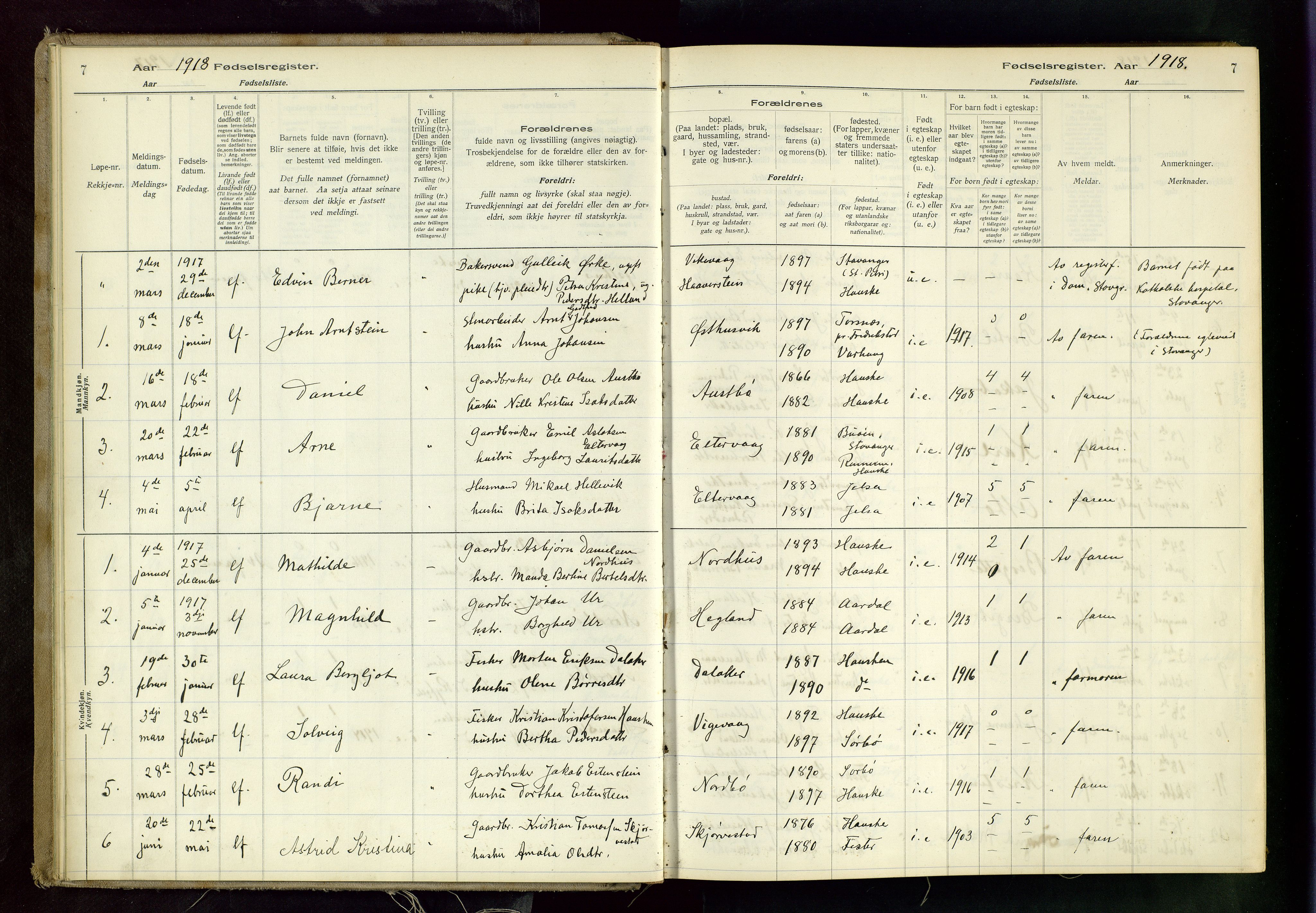 Rennesøy sokneprestkontor, SAST/A -101827/I/Id/L0001: Birth register no. 1, 1916-1982, p. 7