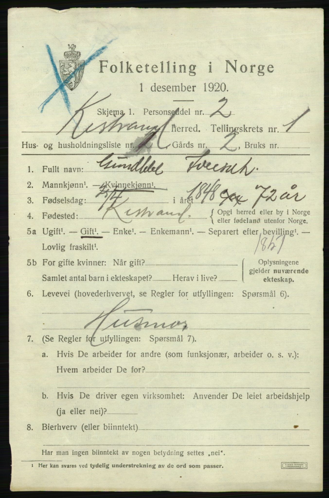 SATØ, 1920 census for Kistrand, 1920, p. 842